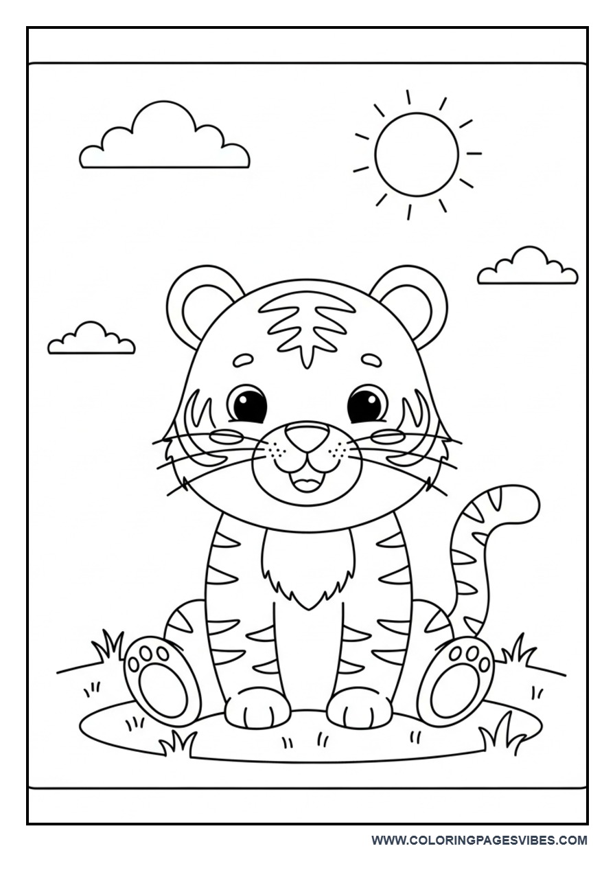 Tiger Sitting on Grass with Sun