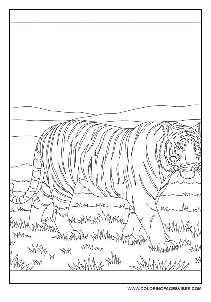 Tiger Walking in Grassland