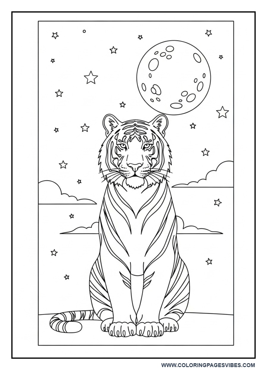 Tiger with Moon Night Scene