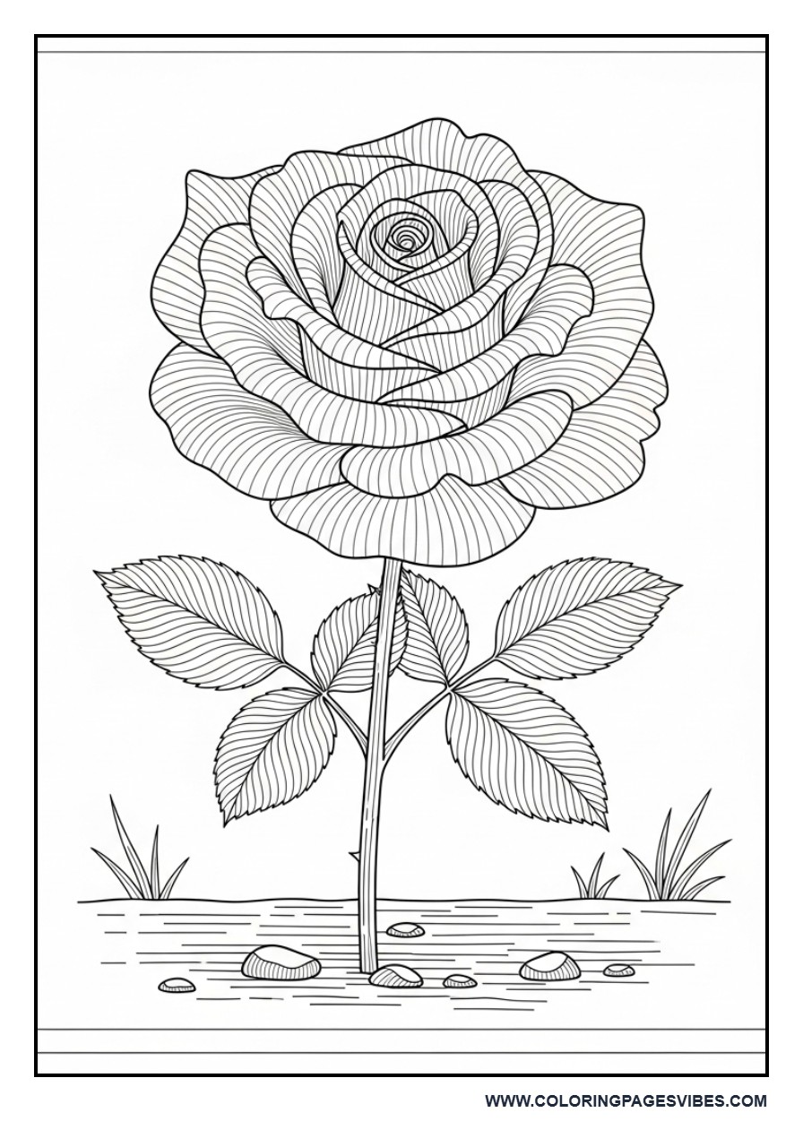 Rose with Leaves and Ground Line