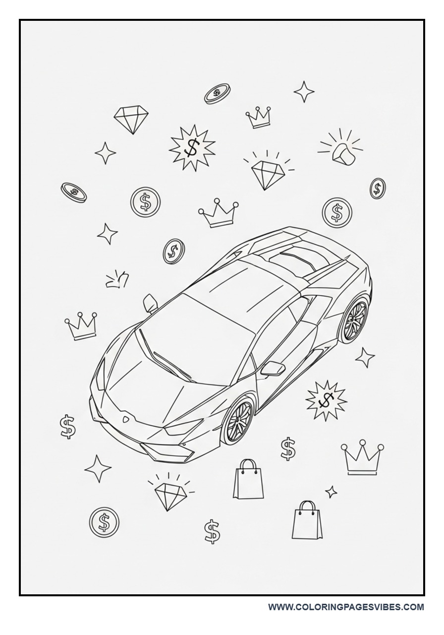 Lamborghini with Money and Luxury Icons