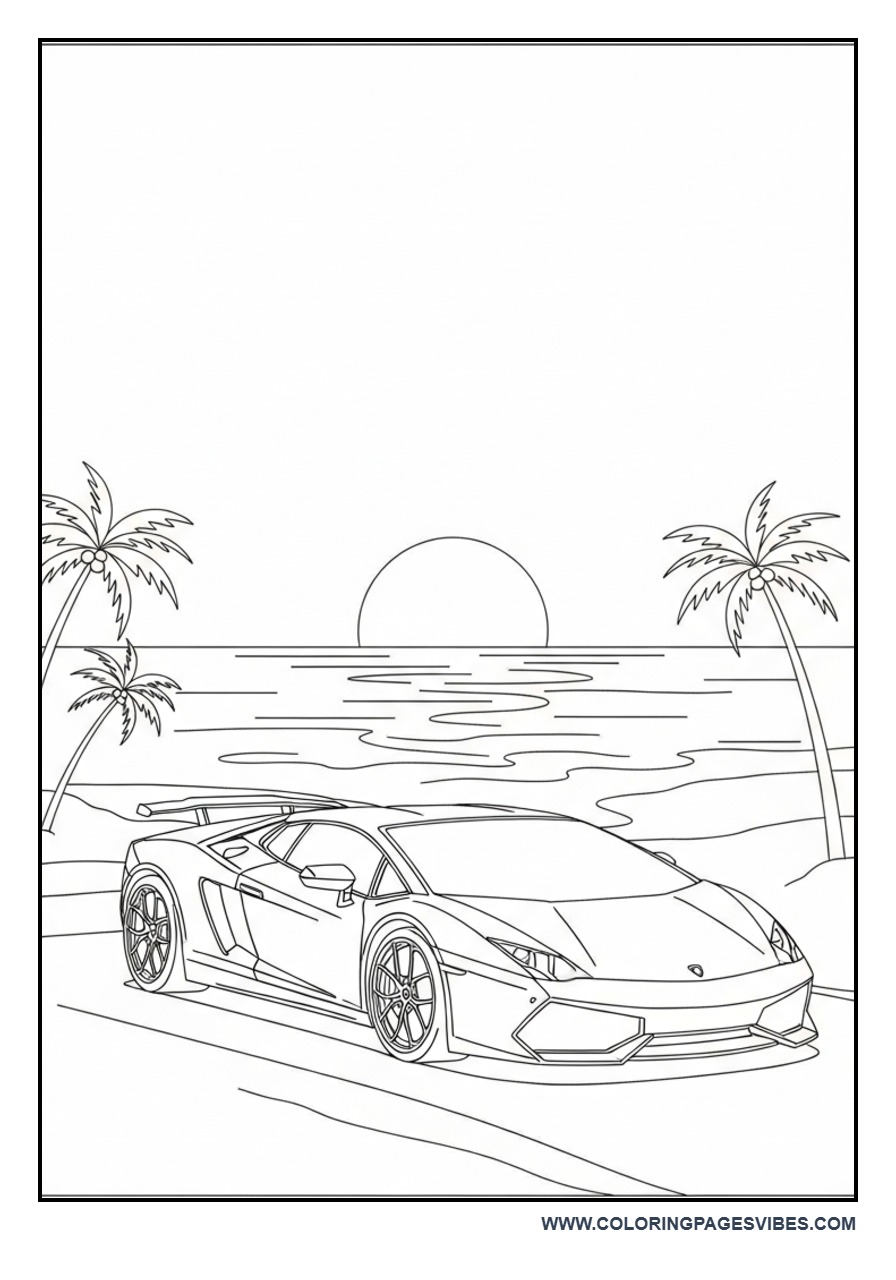 Lamborghini with Sunset Beach Scene