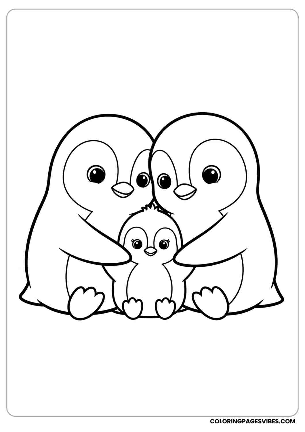 Penguin family coloring page with two parent penguins cuddling a baby penguin cute  bold