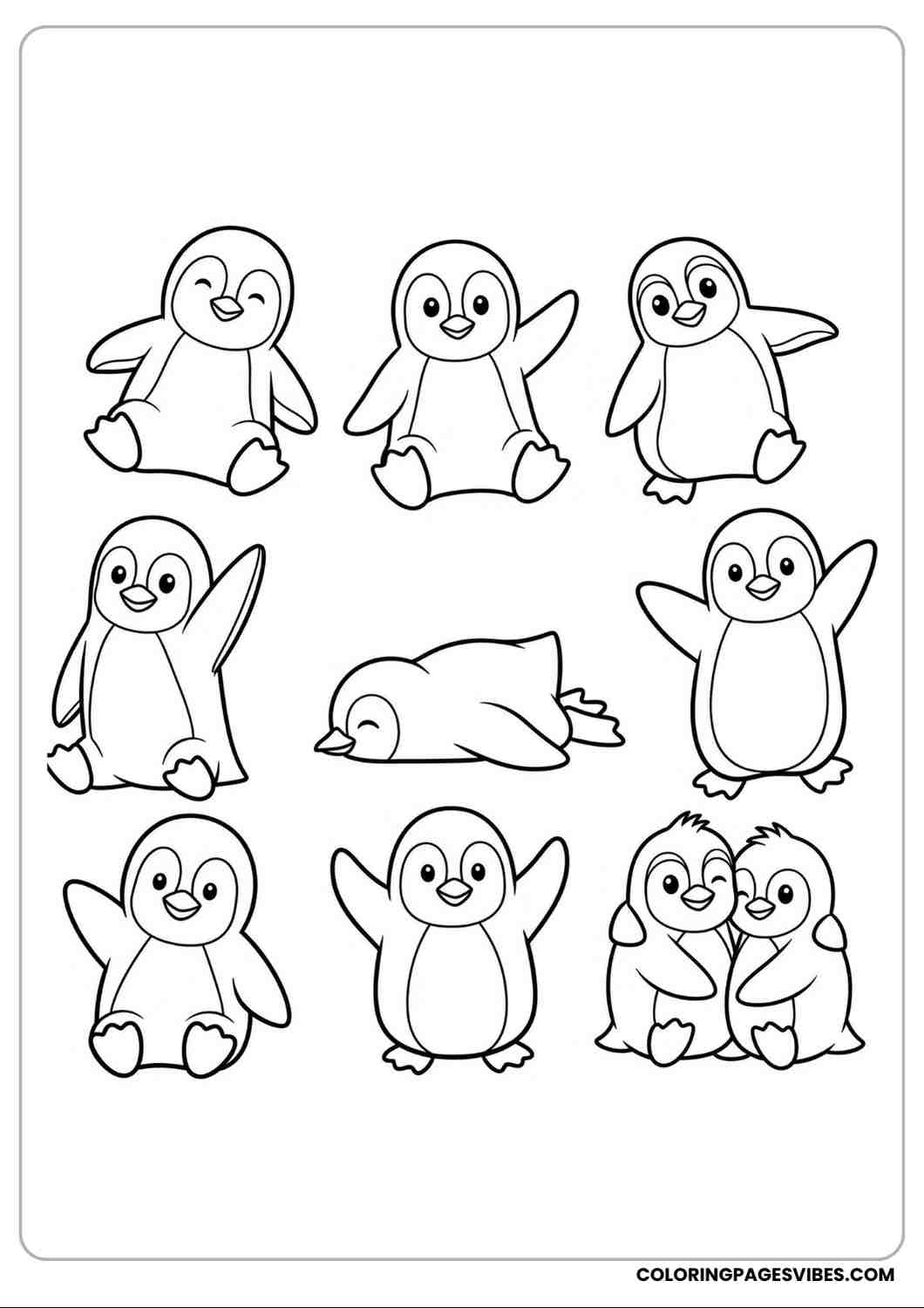 Printable penguin coloring sheet with multiple penguins in different poses