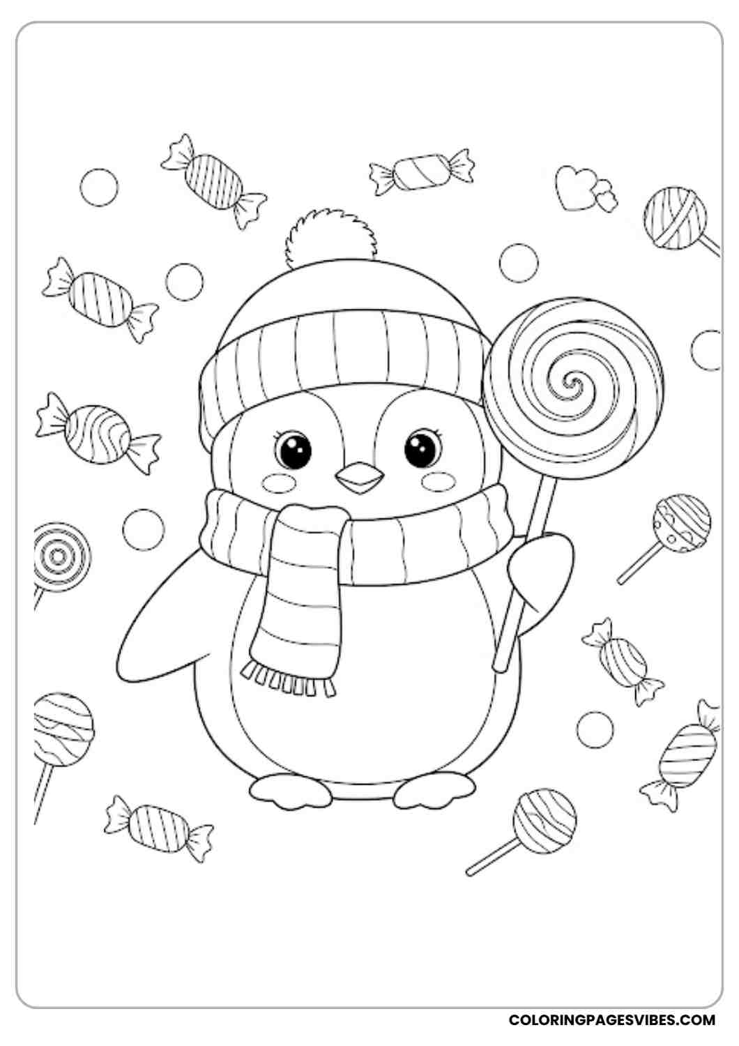 A cute cartoon penguin wearing a winter hat and scarf holding a large lollipop The background is filled with scattered candies and lollipops