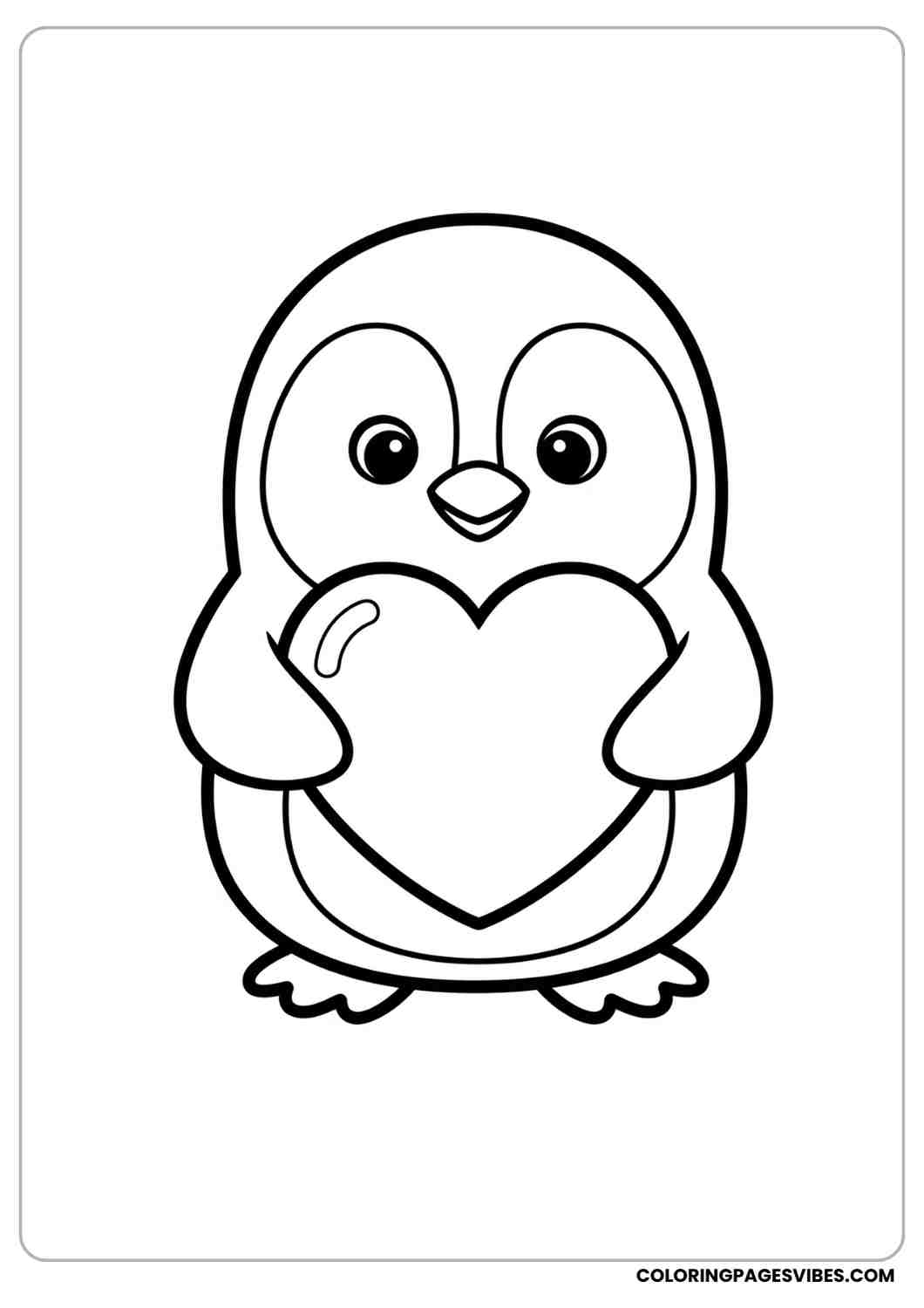 Cartoon penguin coloring page holding a big heart smiling cute face