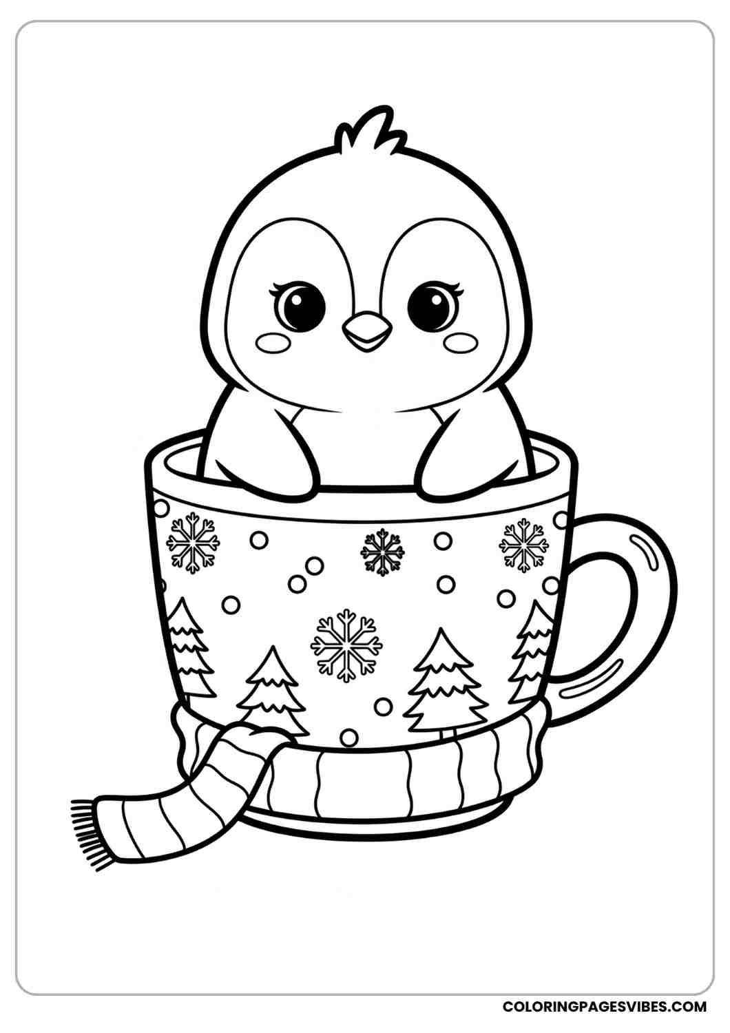 Penguin coloring page sitting inside a decorated mug winter theme