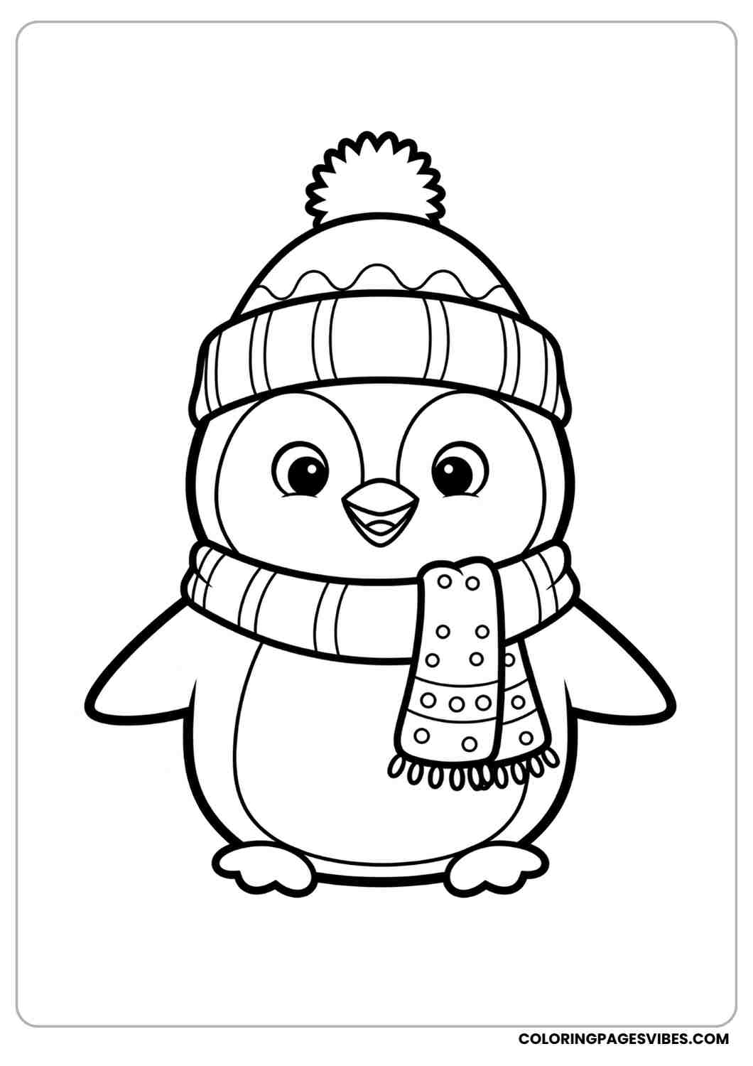 Penguin coloring page with winter hat and scarf happy face