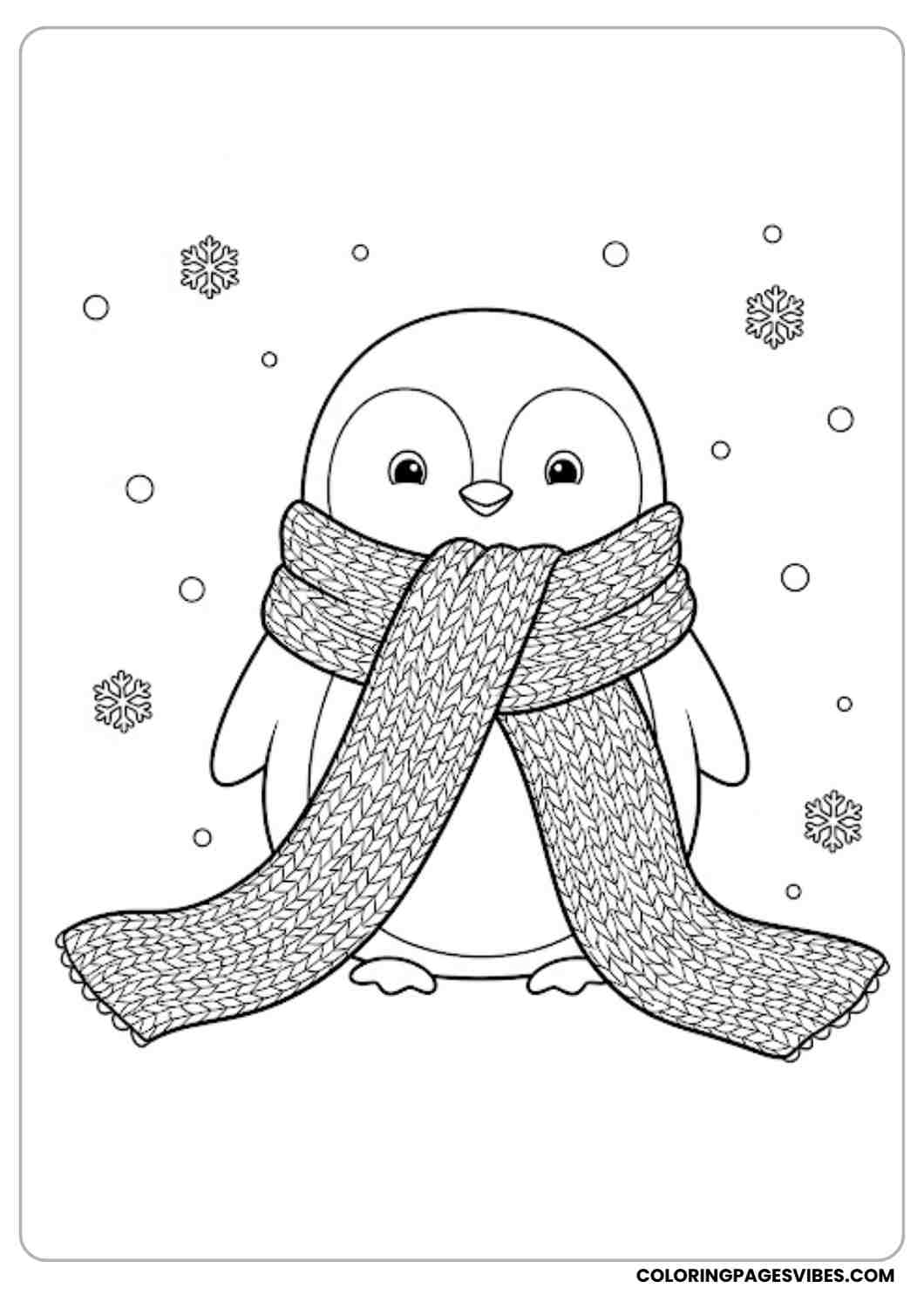 Penguin coloring page wrapped in long knitted scarf cozy winter theme cute cartoon design