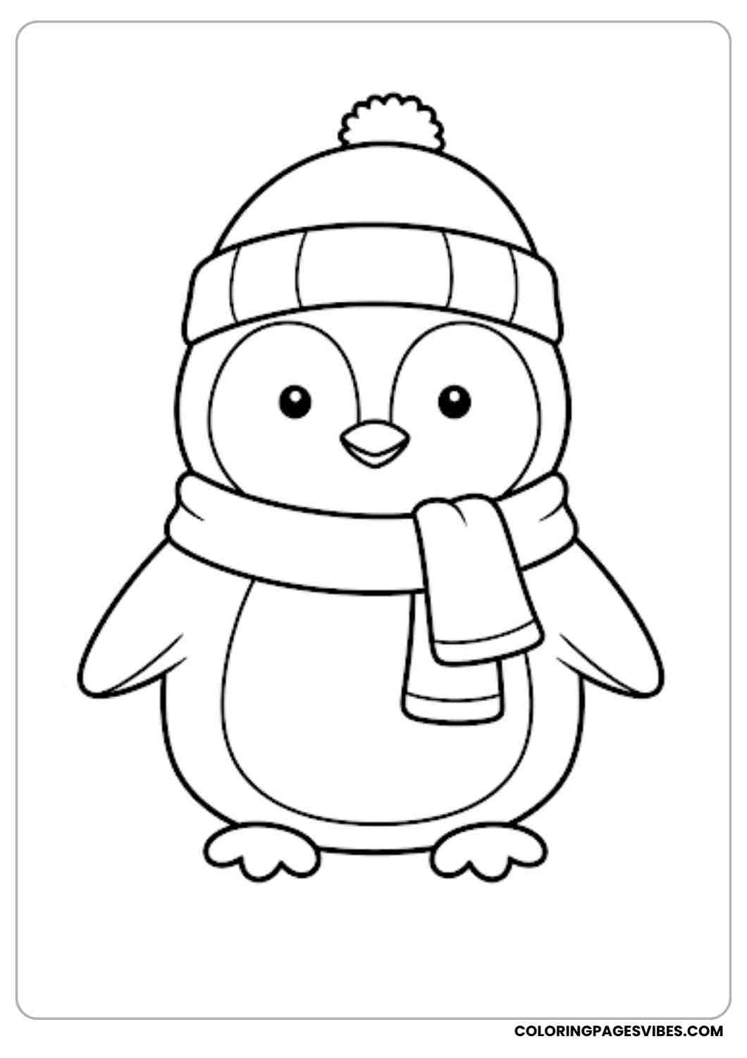 Adorable penguin standing upright wearing a cozy winter hat and scarf simple