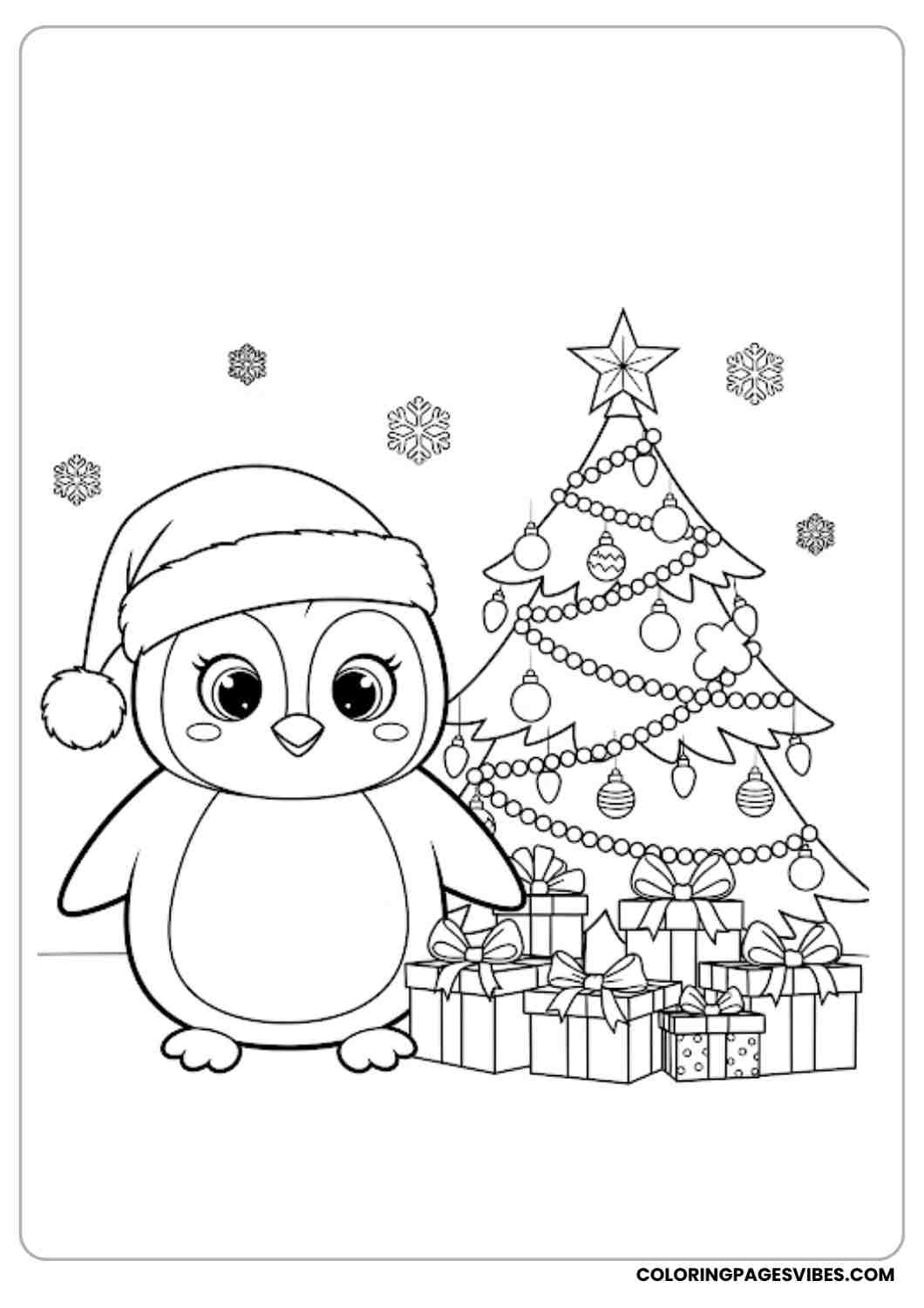 Cute penguin wearing Santa hat standing next to a decorated Christmas tree with presents