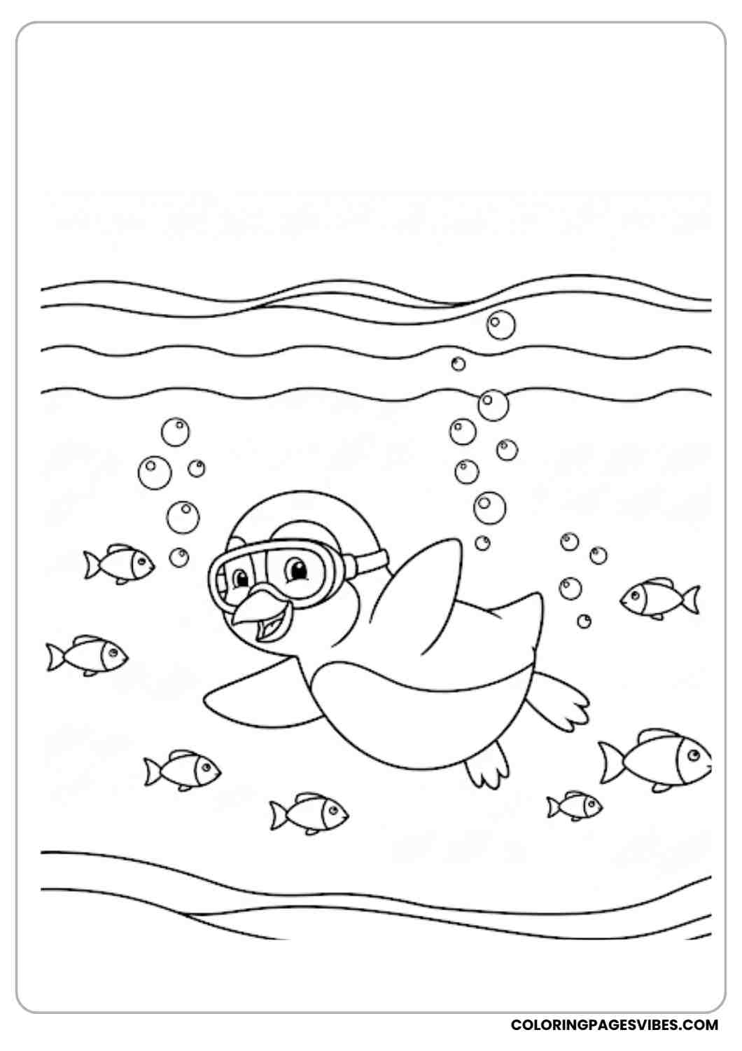 Playful penguin swimming under the ocean with small fish and bubbles