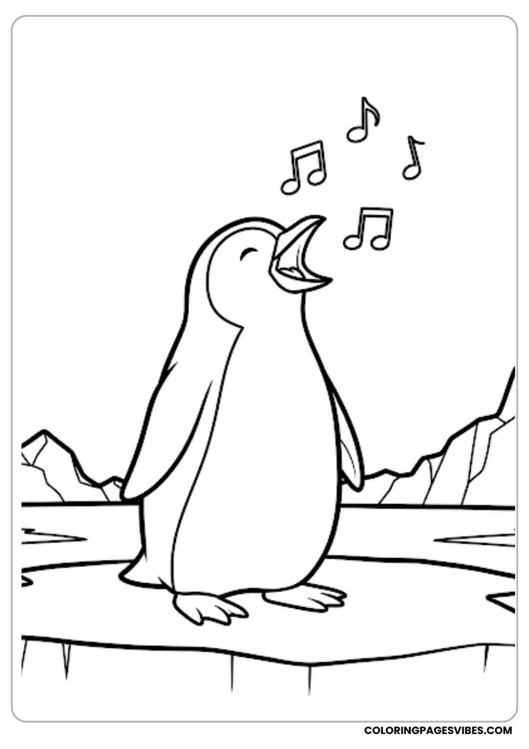 Cartoon penguin singing with music notes around standing on ice