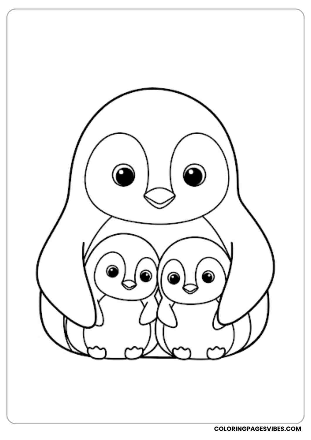 Mother penguin with two baby penguins cuddling close simple cute outlines big eyes