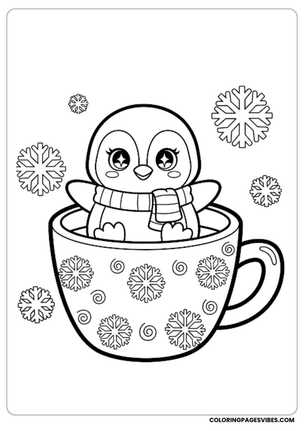 Kawaii penguin sitting inside a big coffee mug with snowflakes design
