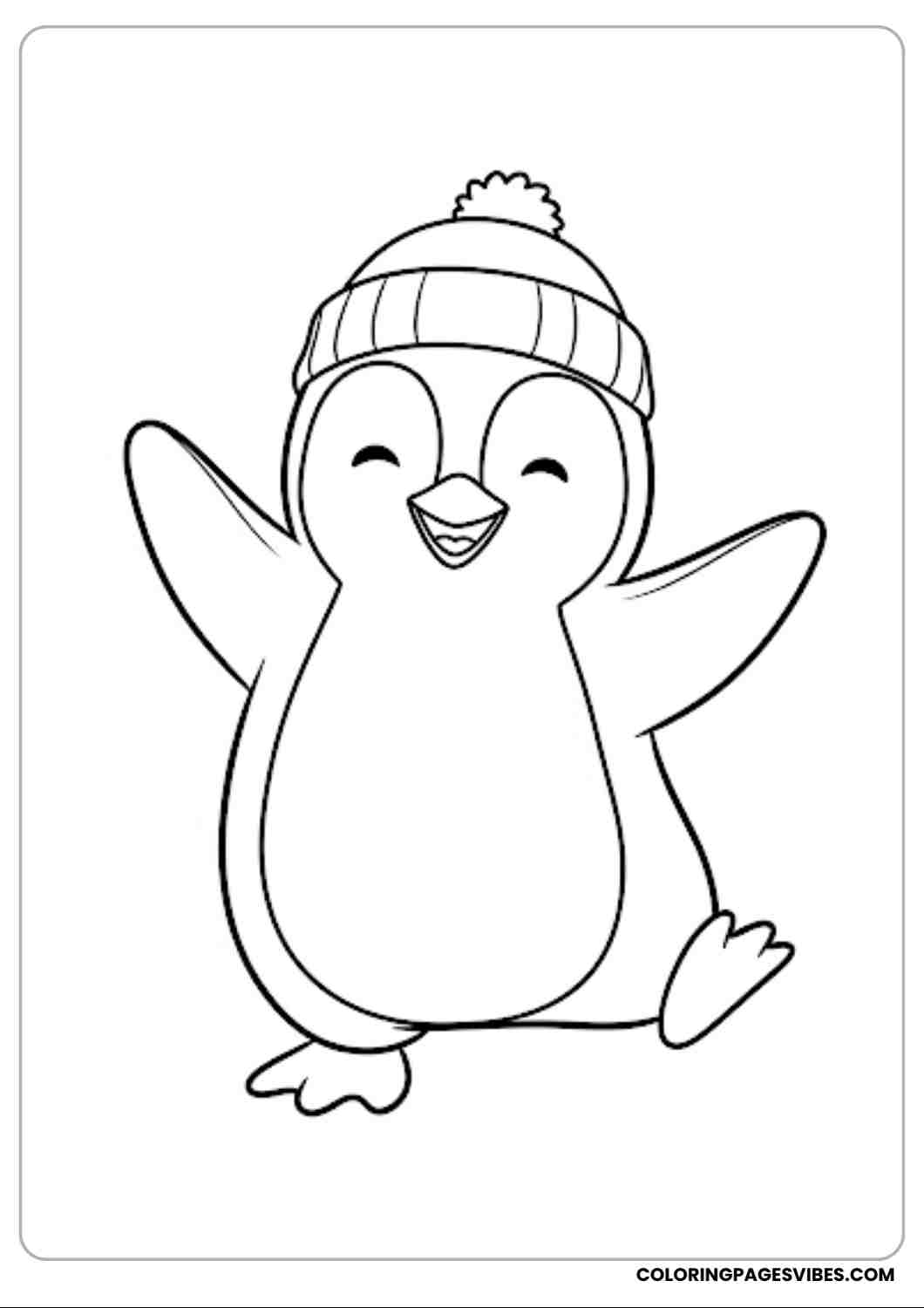 Happy penguin dancing with flippers raised wearing a beanie cheerful smile outlined drawing with