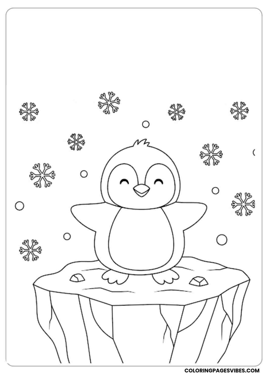 Cute penguin standing happily on an iceberg with snowflakes around