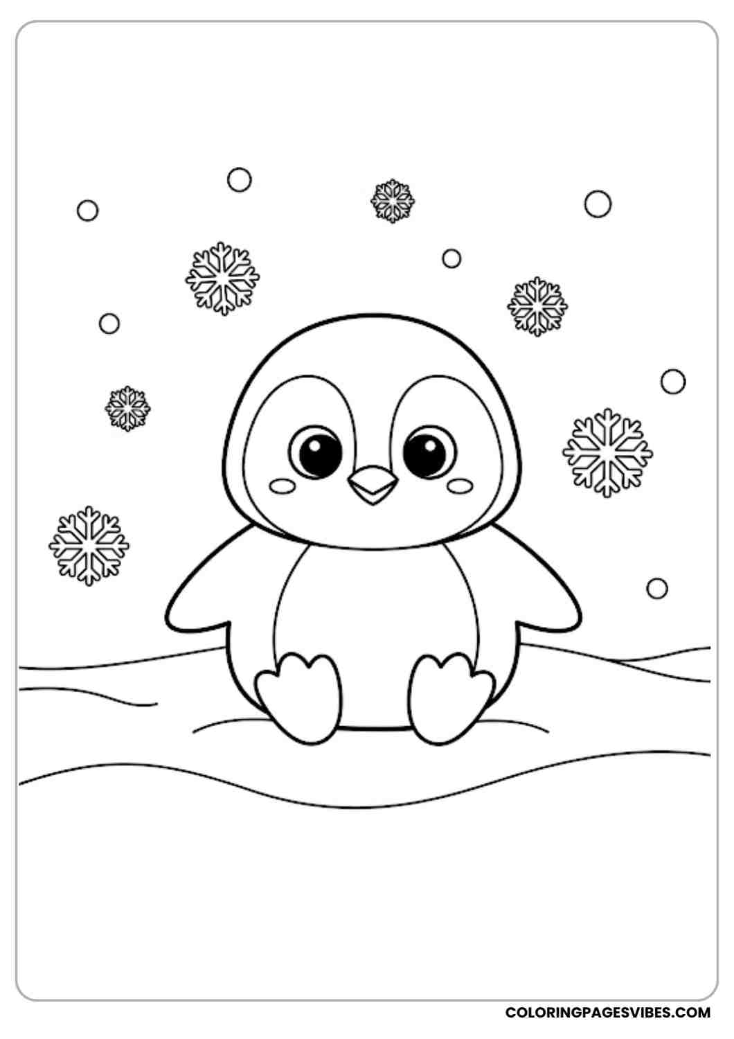 Adorable penguin sitting on snowy ground snowflakes falling around