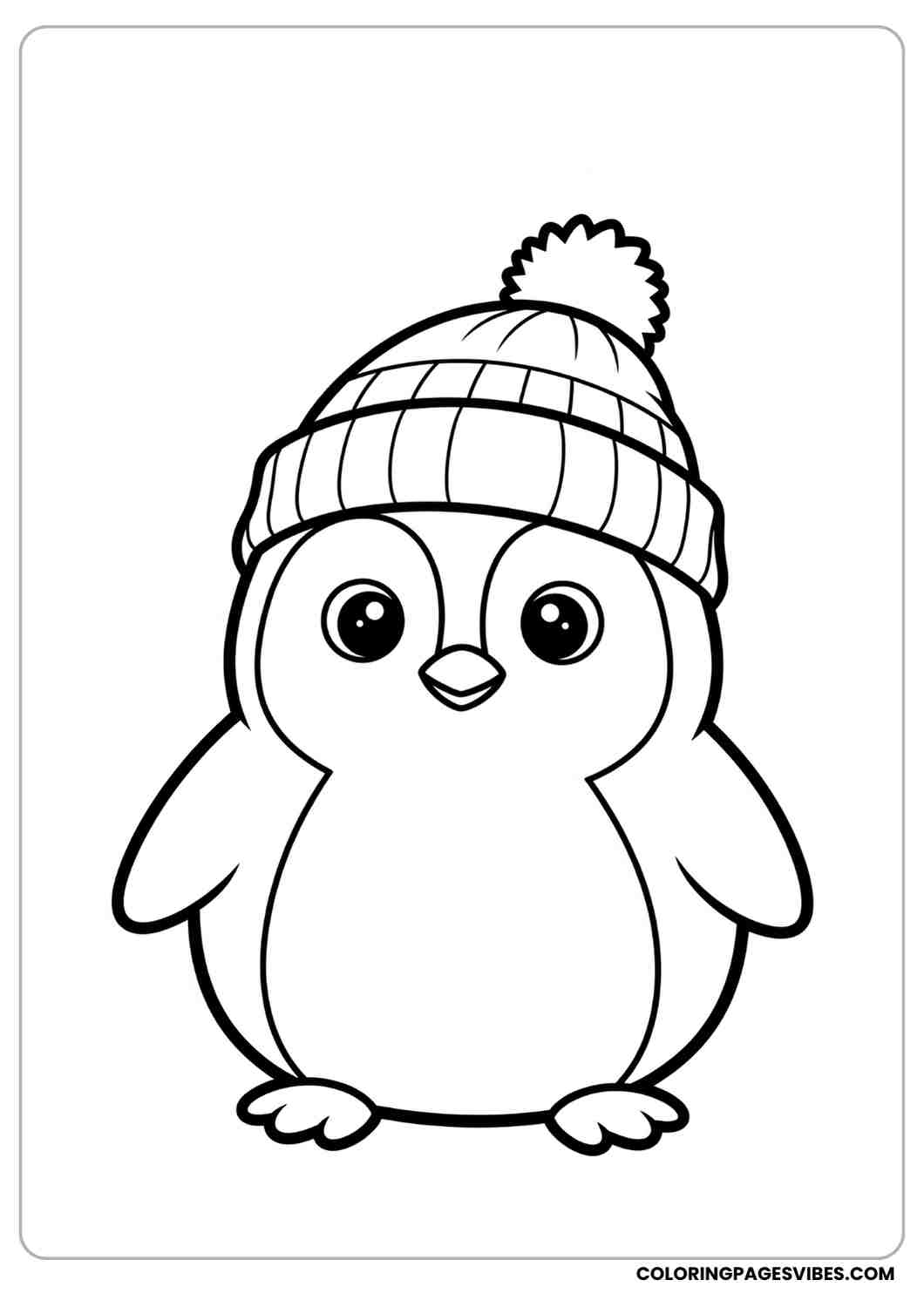 Cartoon penguin coloring page wearing a cozy winter hat cute chubby body