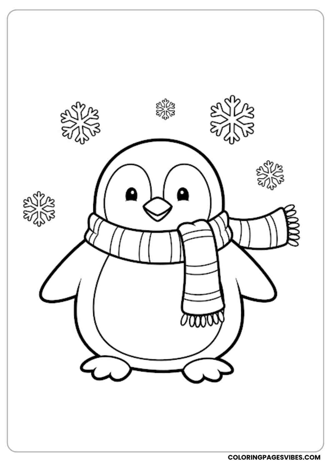 Happy penguin wearing a winter scarf snowflakes floating around outlined