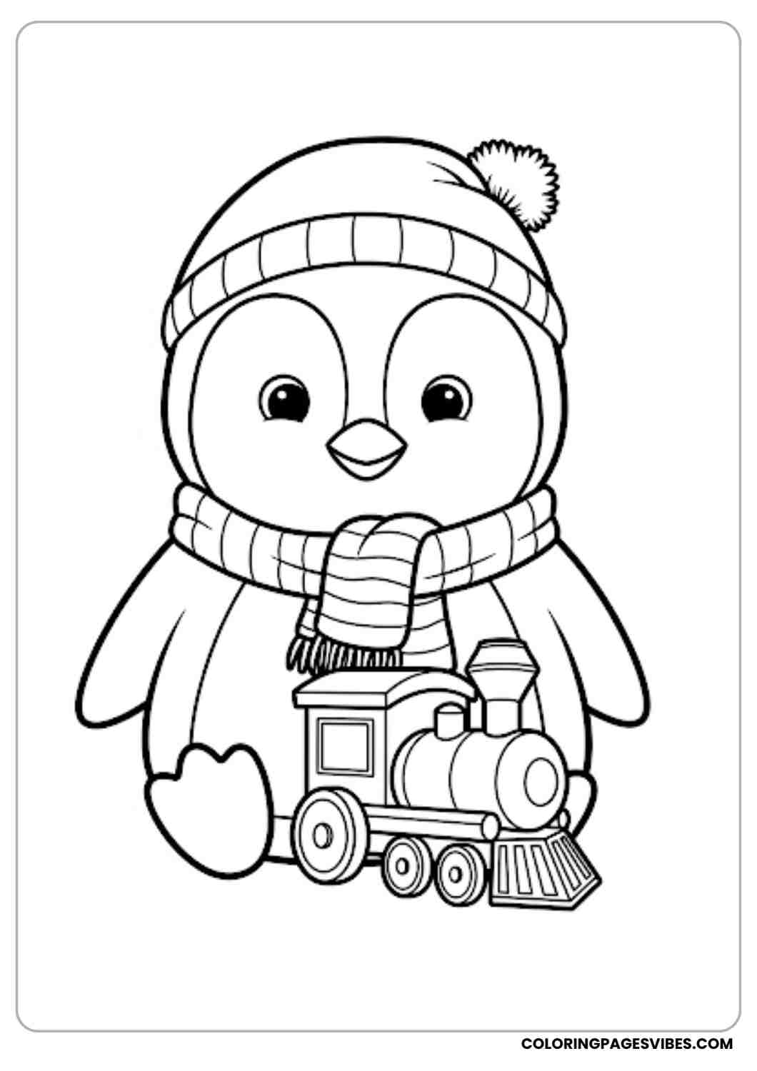 Smiling penguin sitting with a toy train in front playful and cute