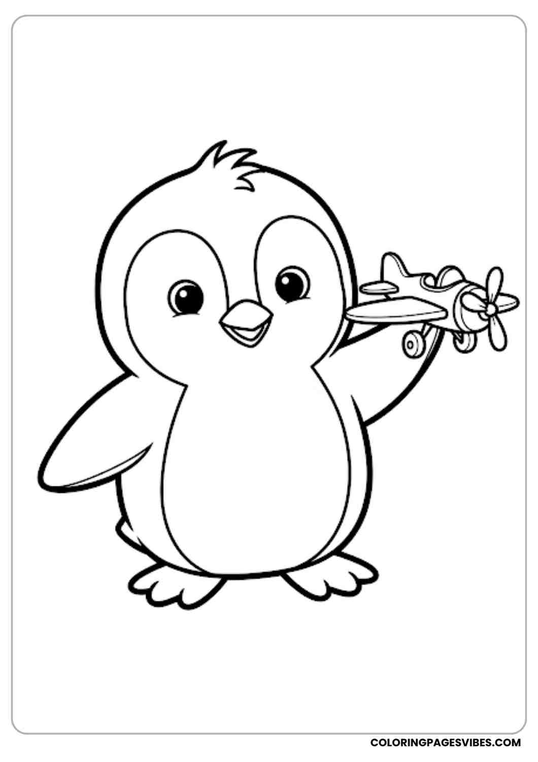 Cute penguin holding a toy airplane standing cheerfully outlined