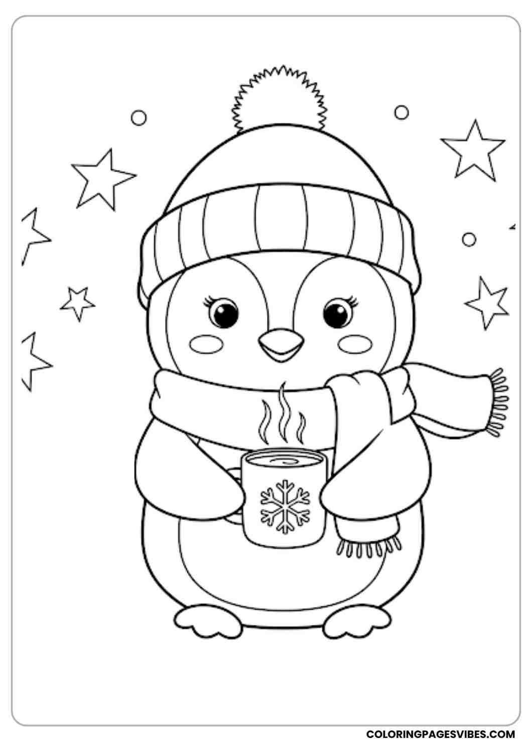 A cute cartoon penguin wearing a winter hat with a pom-pom and a cozy scarf smiling and holding a steaming mug with a snowflake design on it