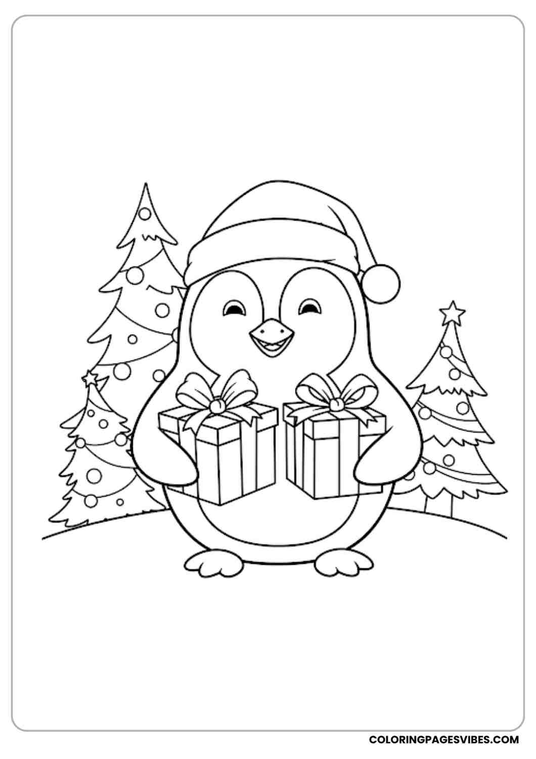 Happy penguin holding Christmas gifts with festive trees behind outlined
