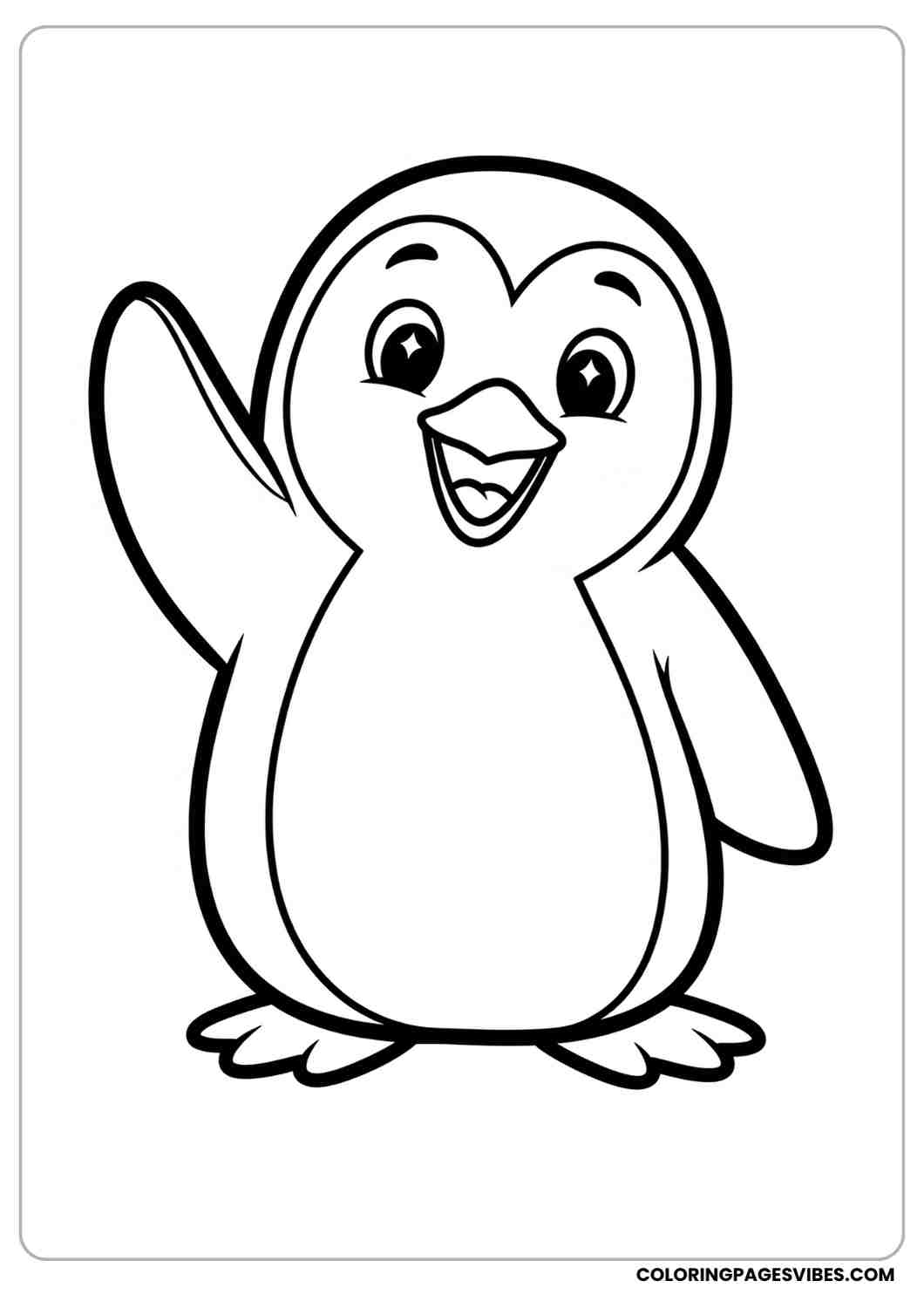 Cartoon penguin coloring page waving with one flipper joyful expression