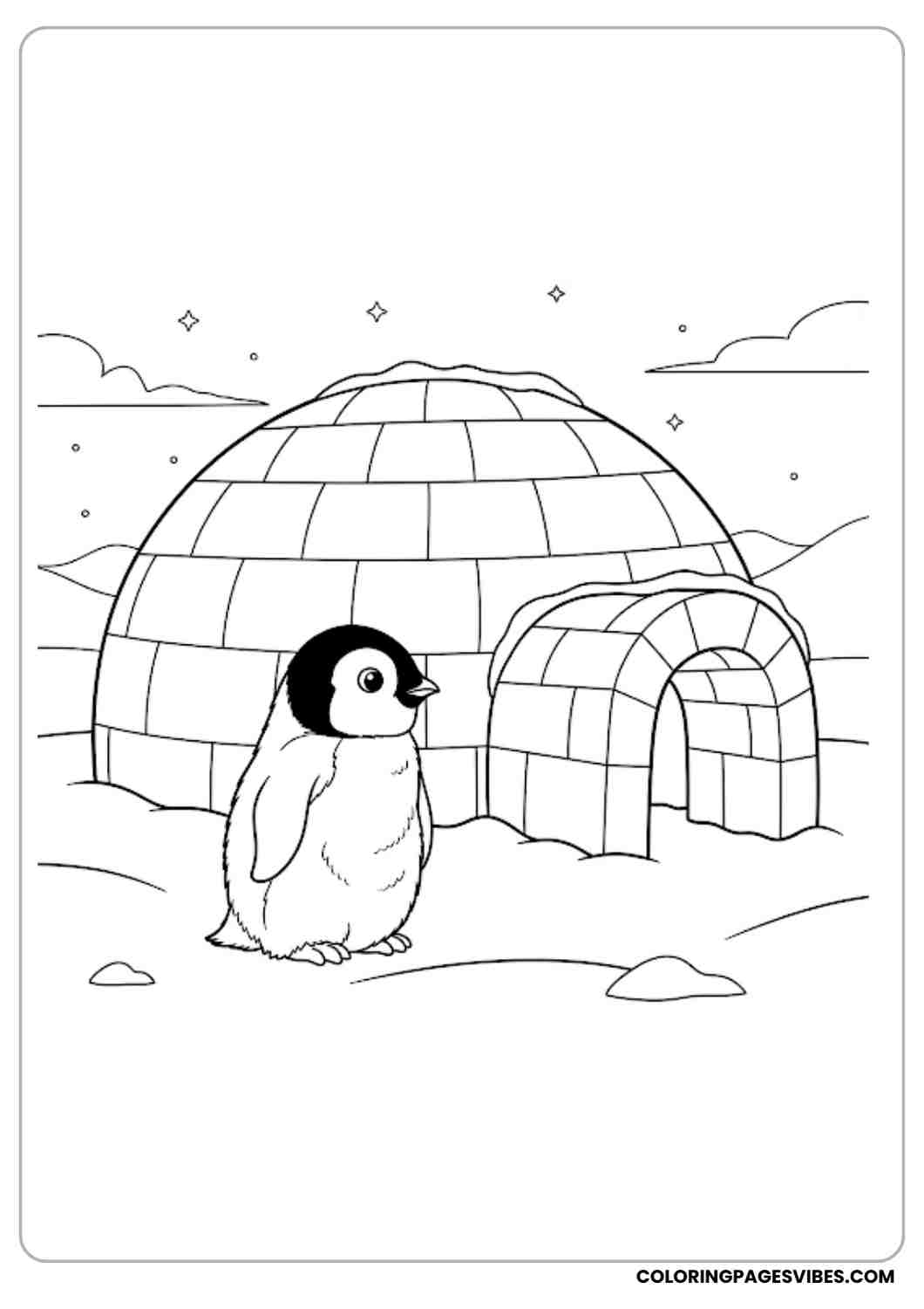 Cute penguin standing in front of a big igloo snowy ground beneath outlined design