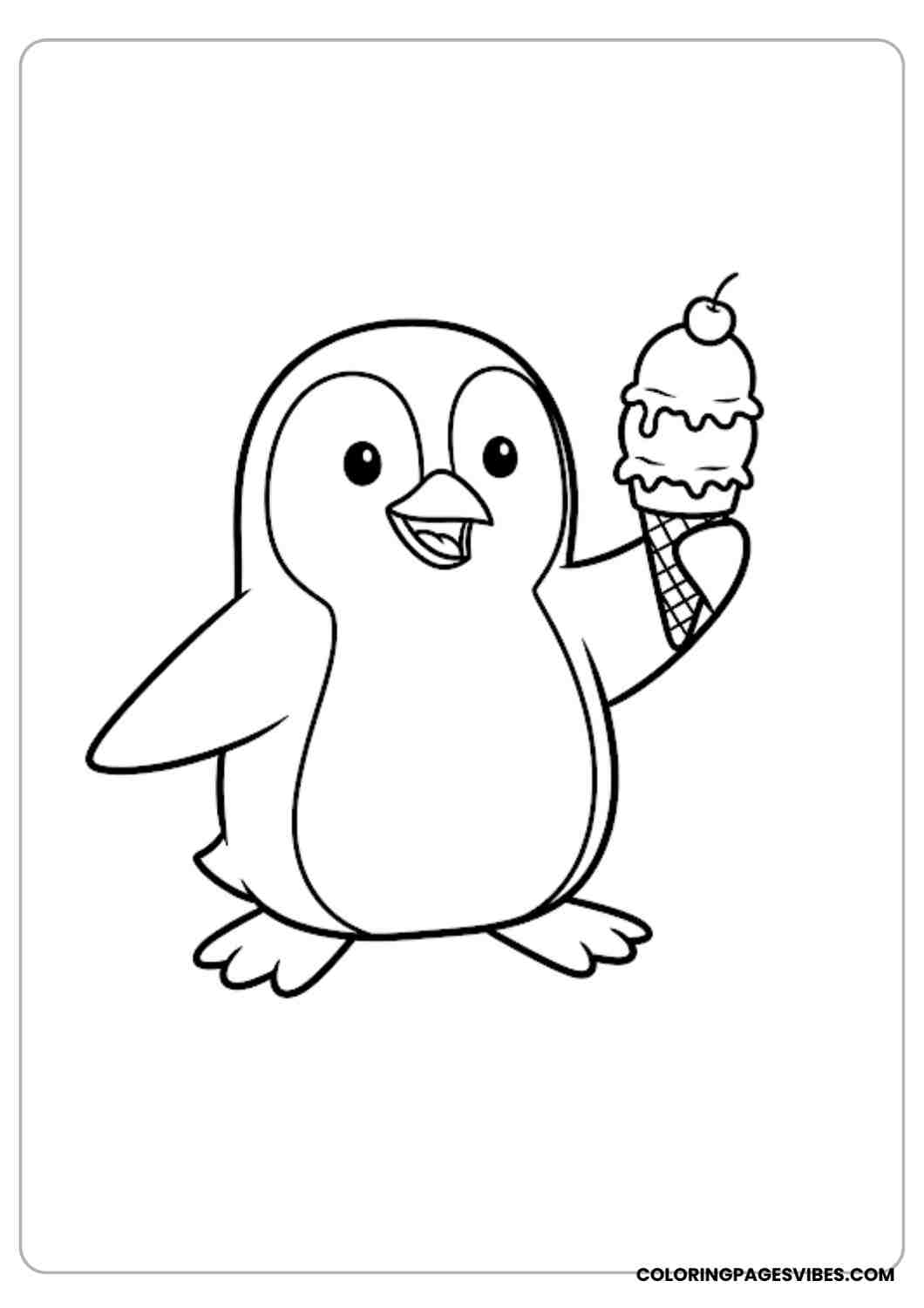 Cheerful penguin holding an ice cream cone standing happily simple cartoon line drawing