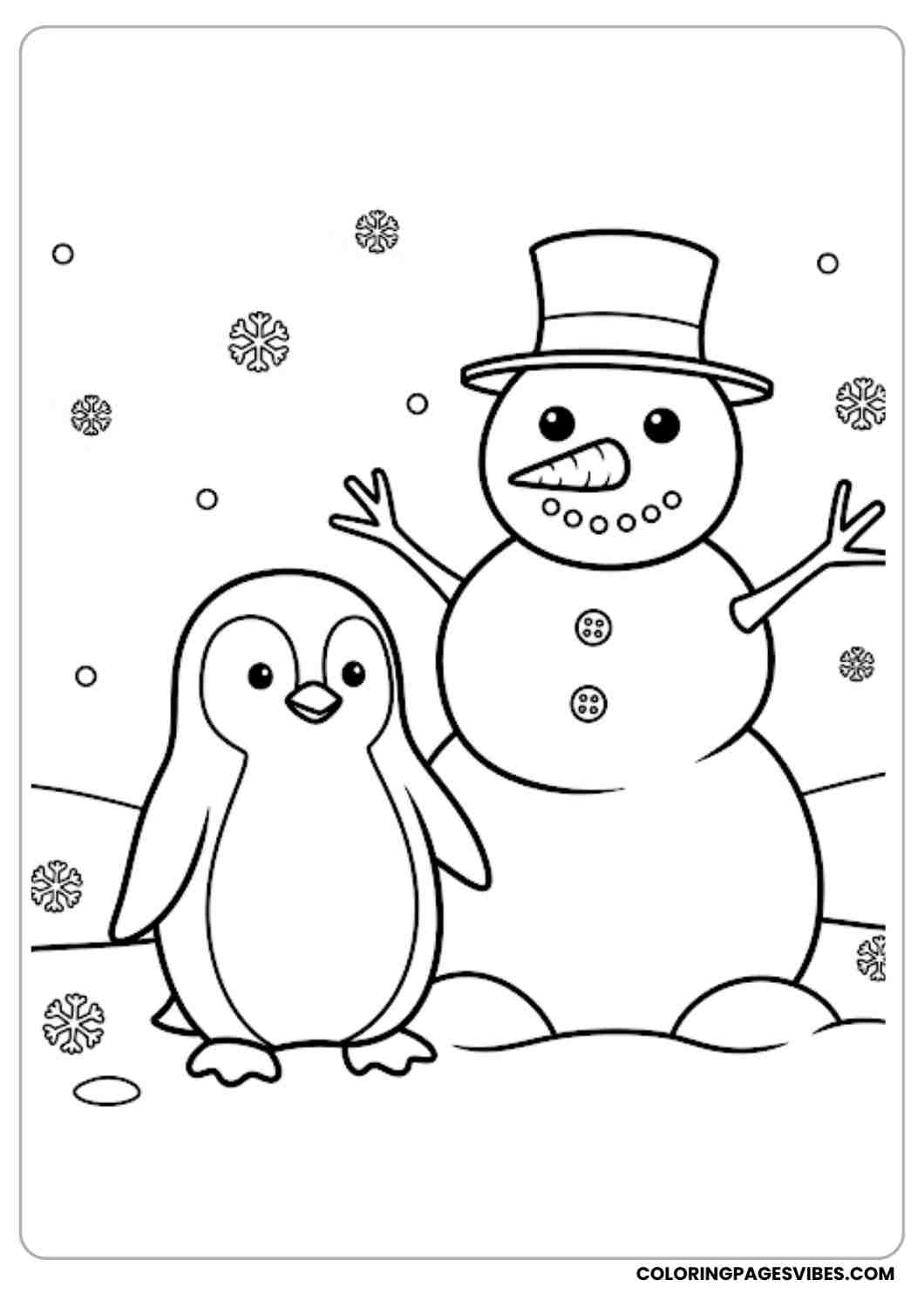 Penguin standing proudly beside a snowman snowy ground and small snowflakes outlined