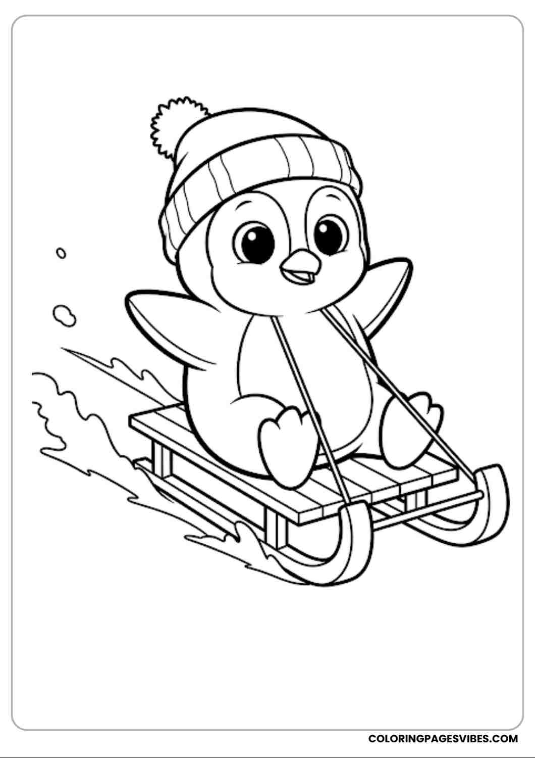 Cute penguin sitting on a sled sliding through snow  bold outline