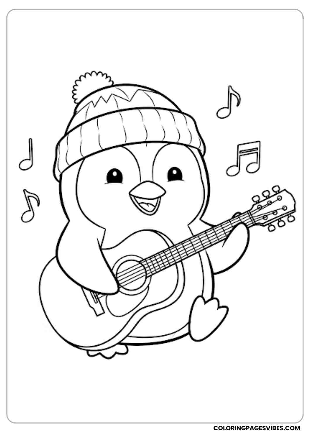 Happy penguin wearing a winter hat while playing guitar music notes floating cartoon outlined drawing coloring page design