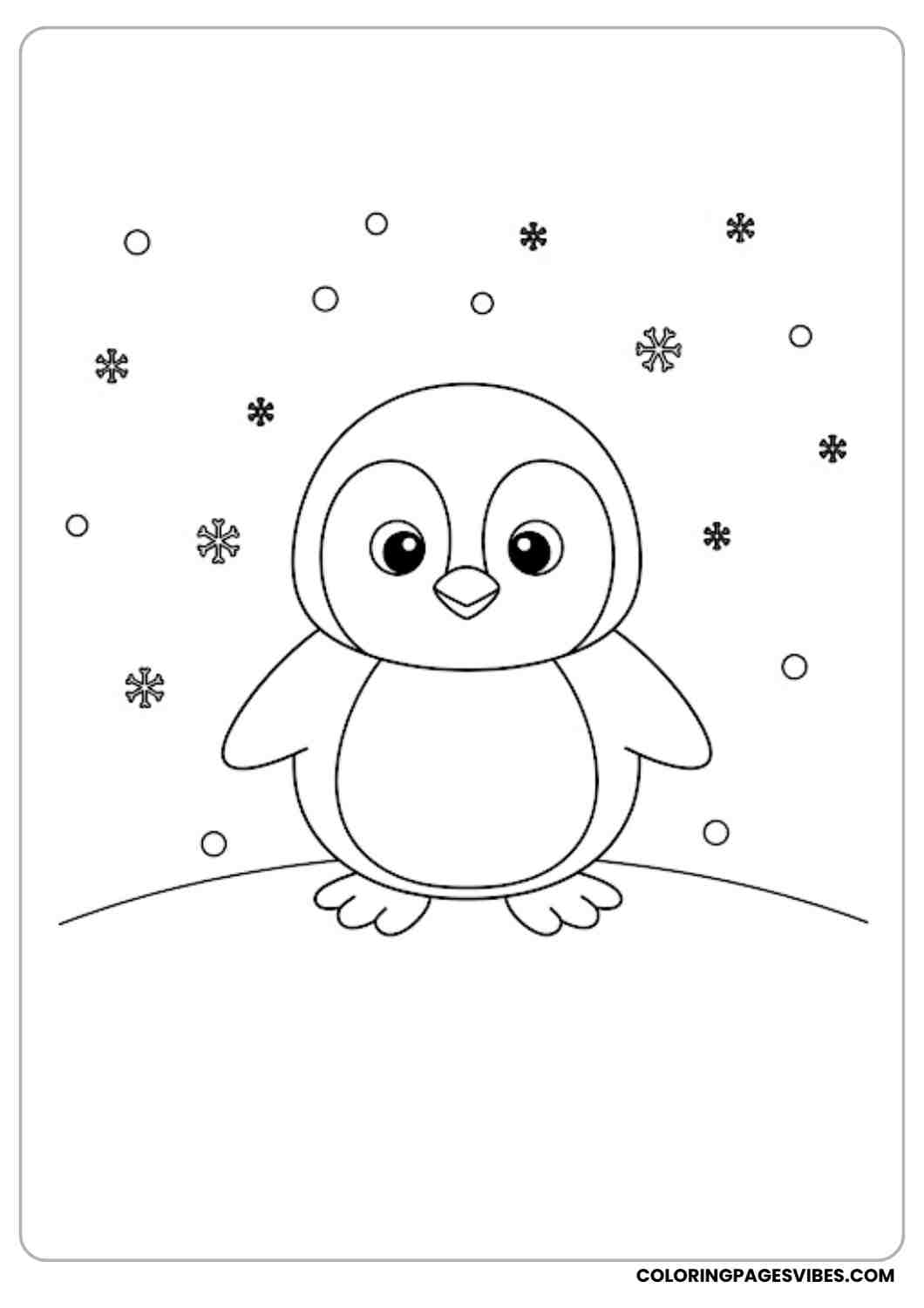 A cute cartoon penguin standing on snowy ground with snowflakes falling around
