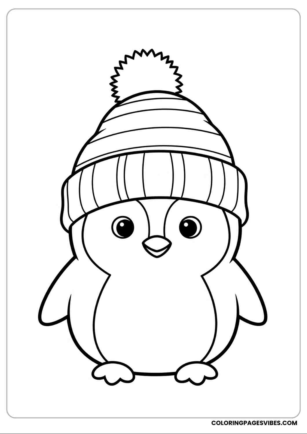 Penguin coloring page with big winter hat and pom-pom cute face with round eyes bold