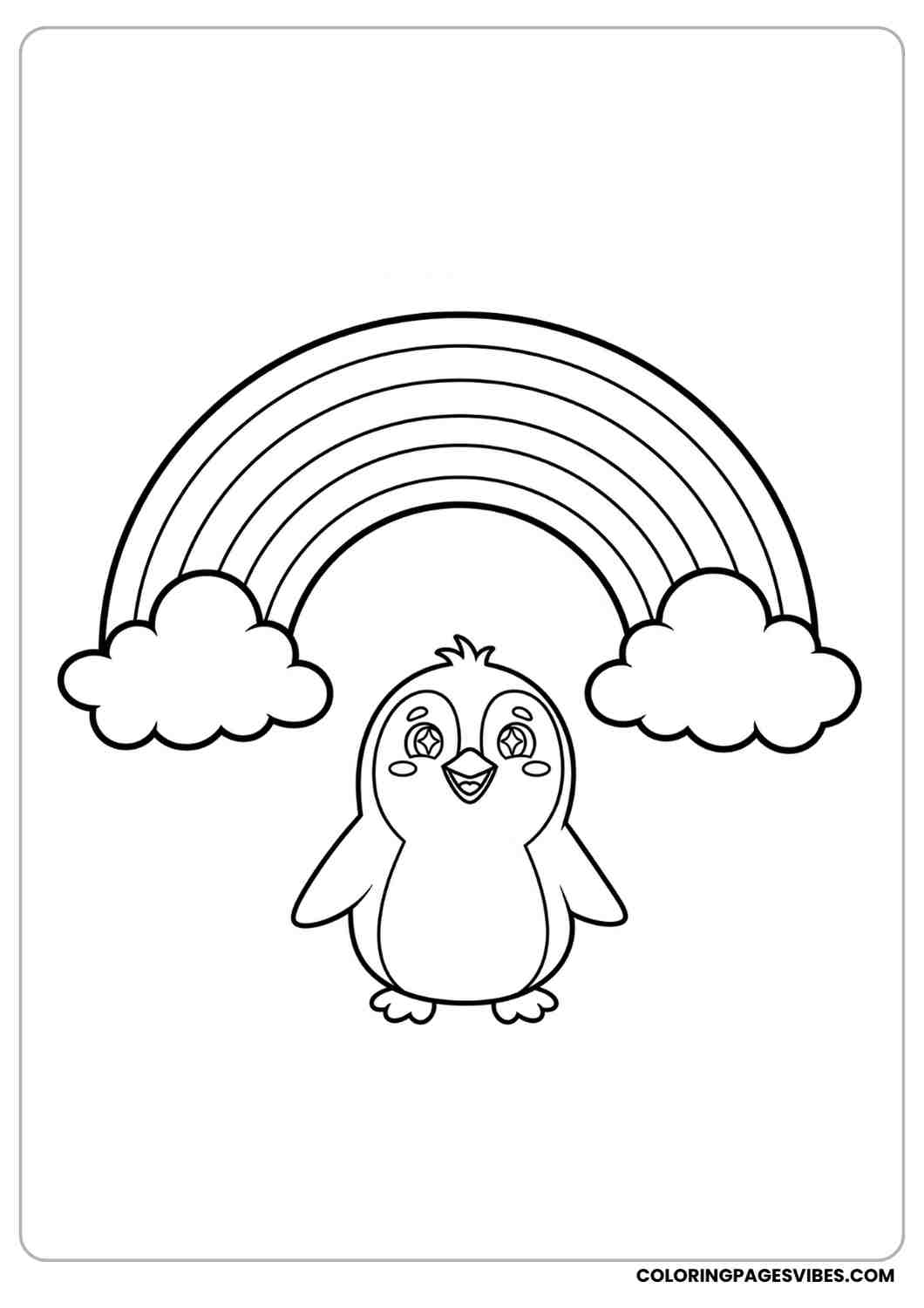 Cartoon penguin coloring page standing under rainbow with clouds cheerful expression