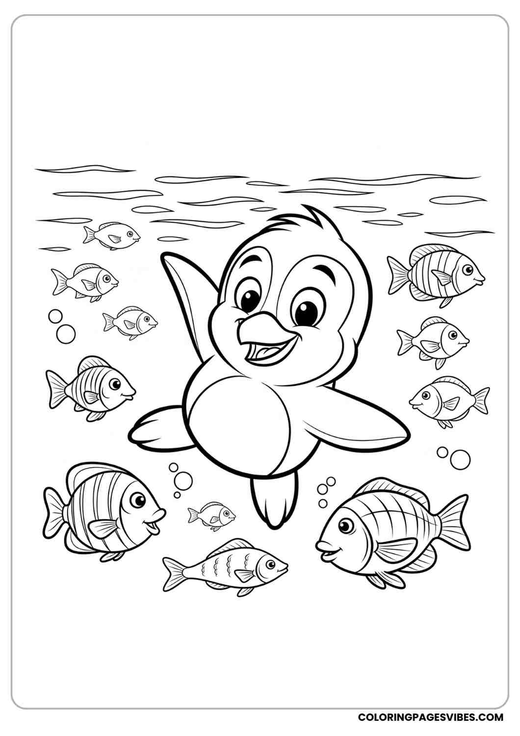 Cartoon penguin coloring page swimming in water surrounded by fish playful expression  black and white line art white background
