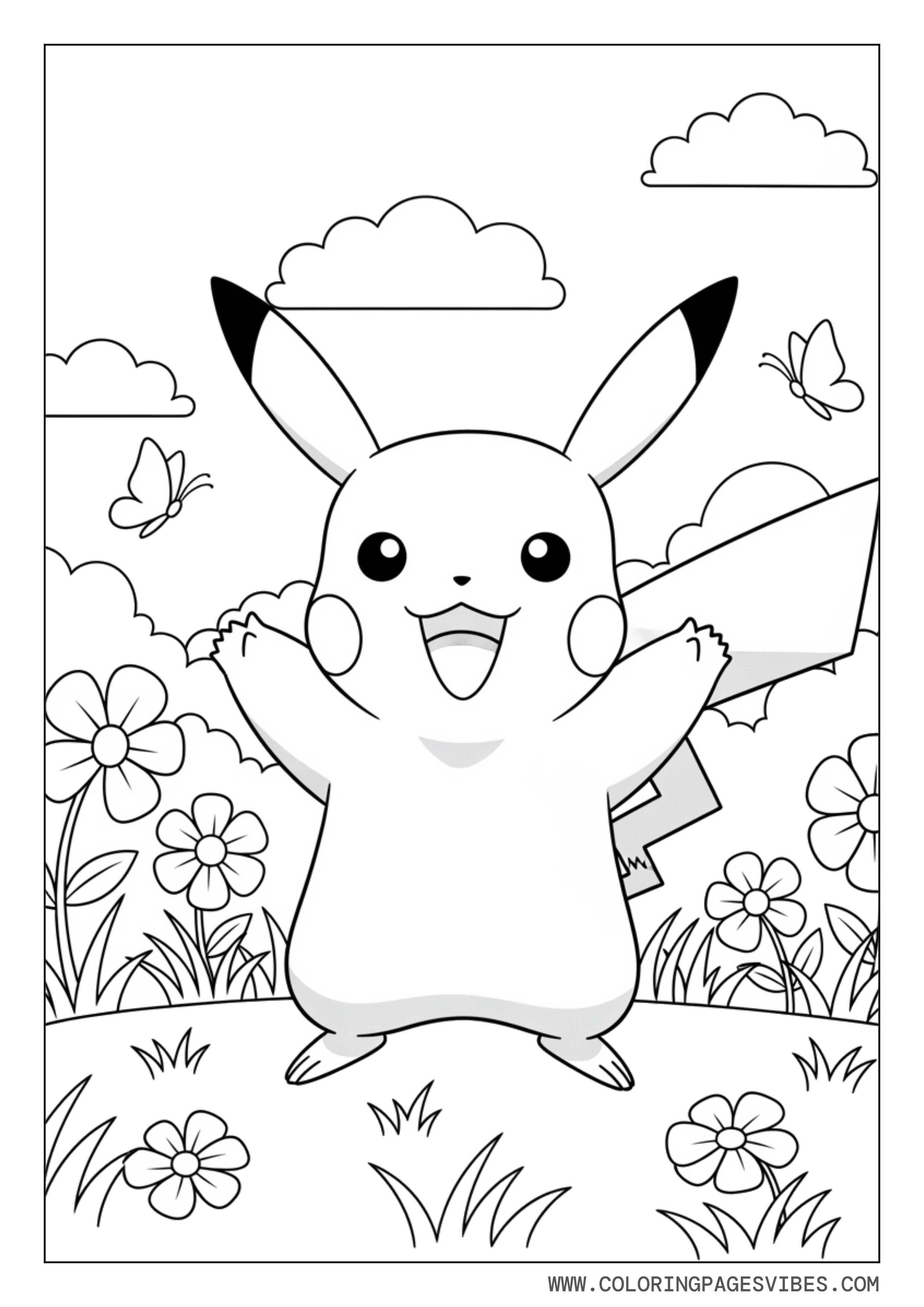 Happy Pikachu Standing in a Meadow