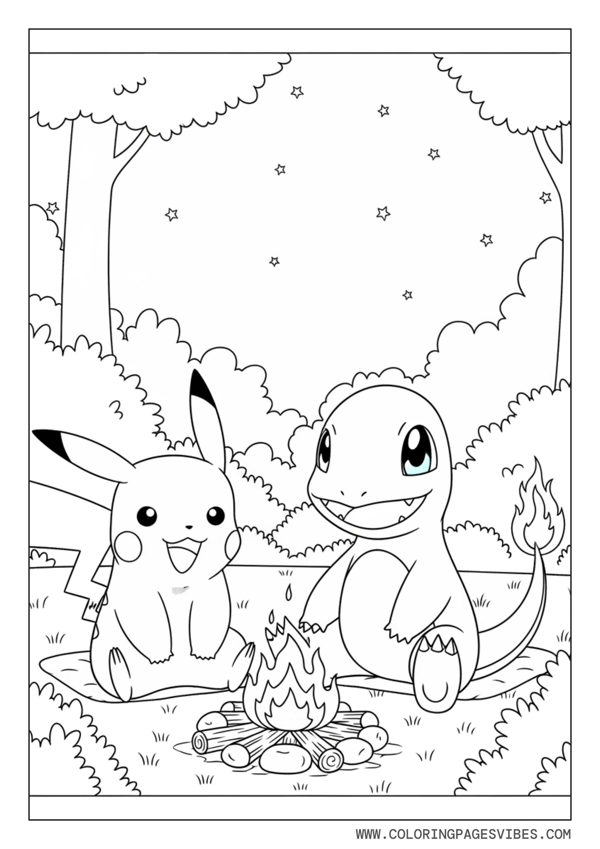 Pikachu and Charmander Sitting by a Campfire