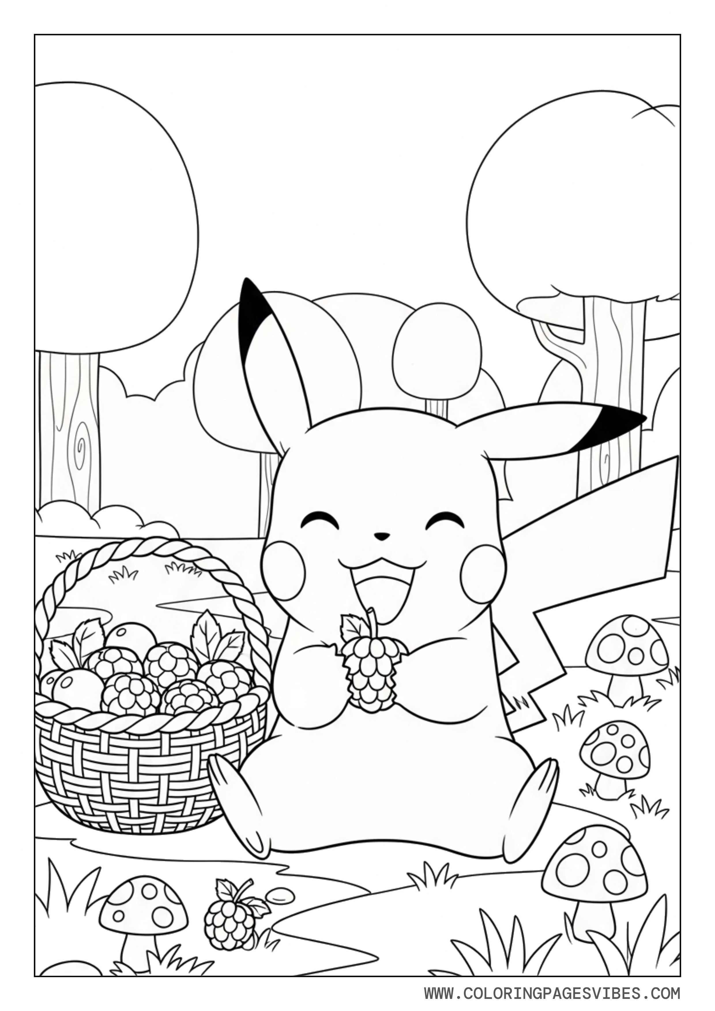 Pikachu Eating Berries in a Forest