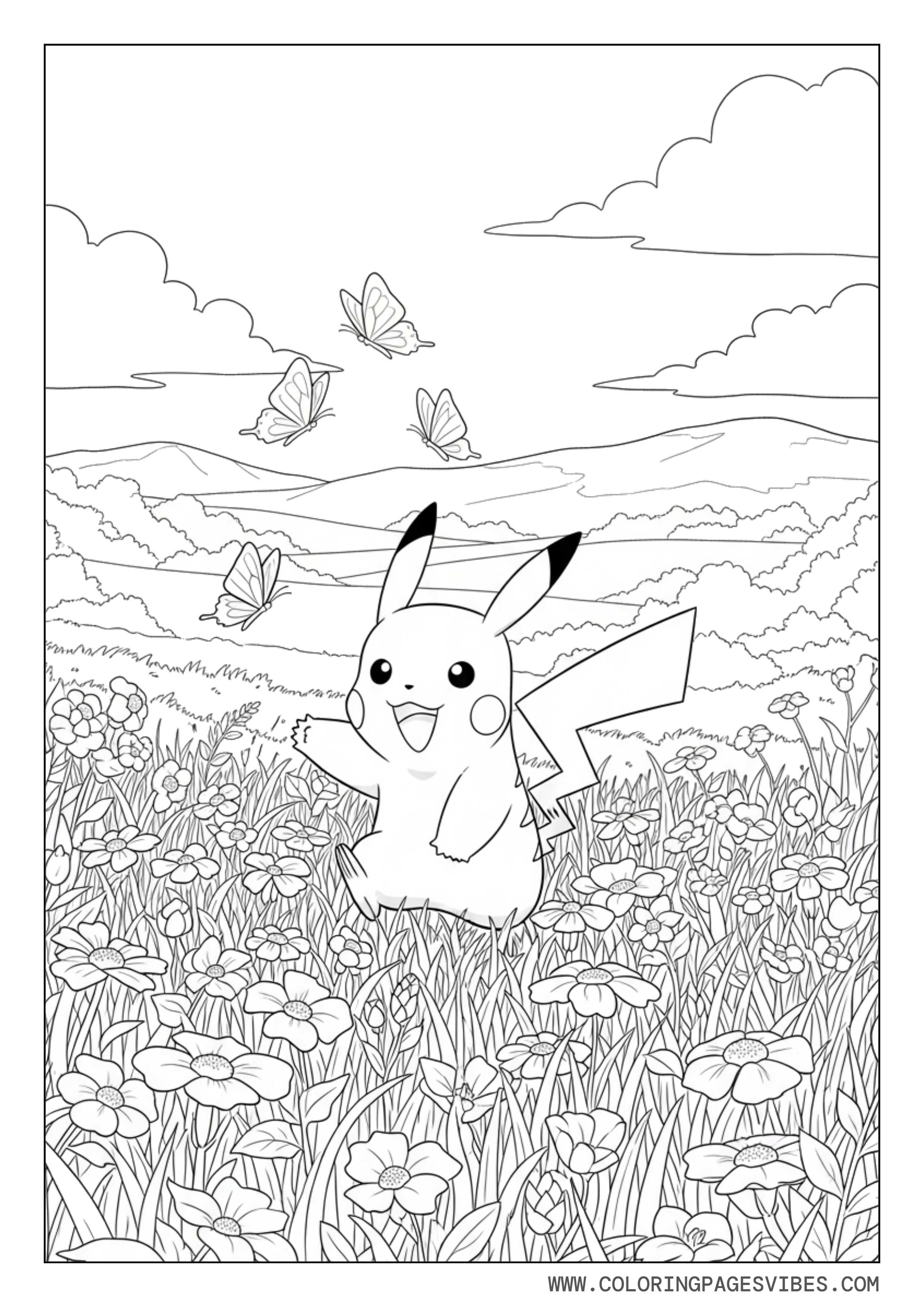 Pikachu Exploring a Flower Meadow