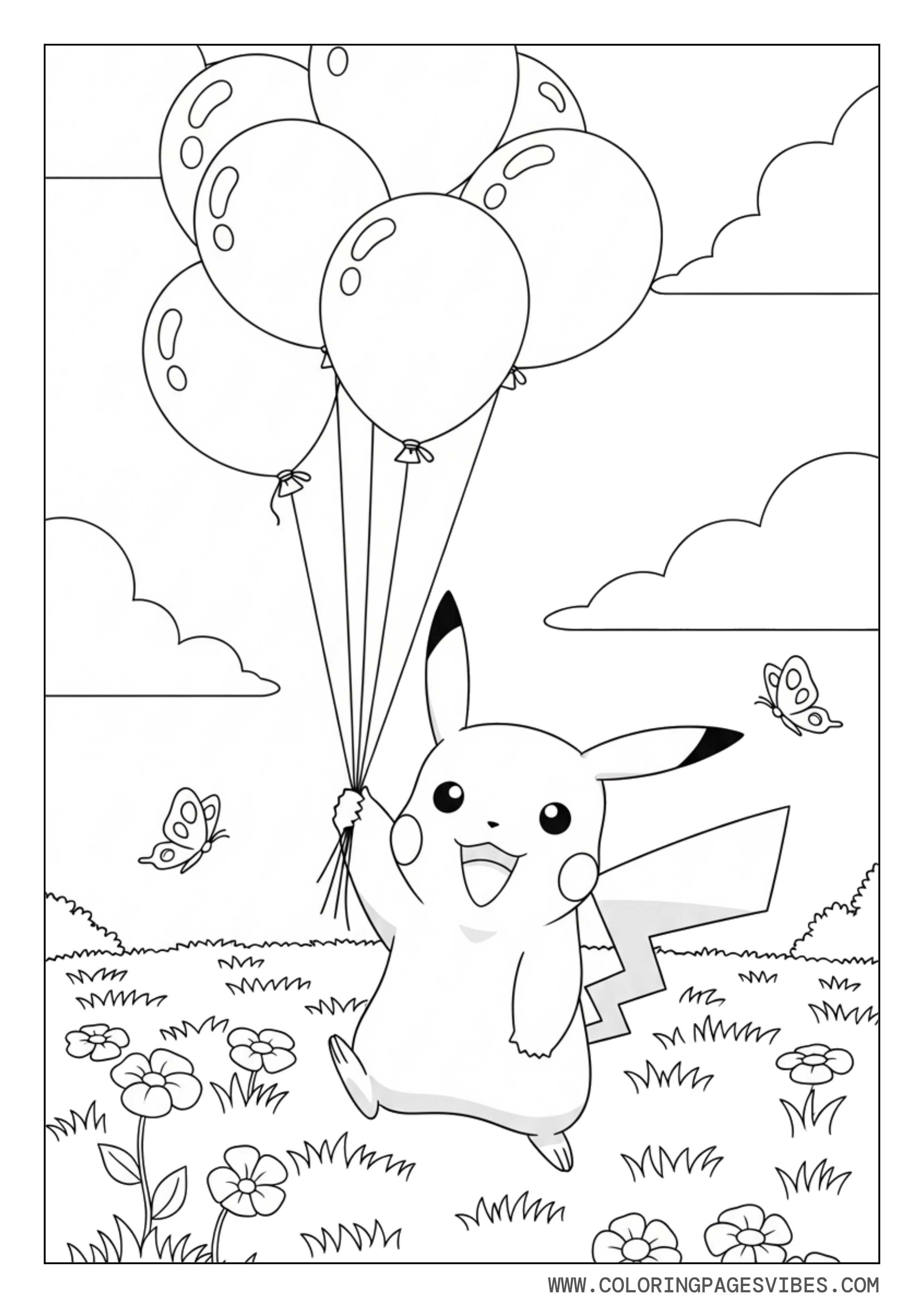 Pikachu Holding Balloons in a Field