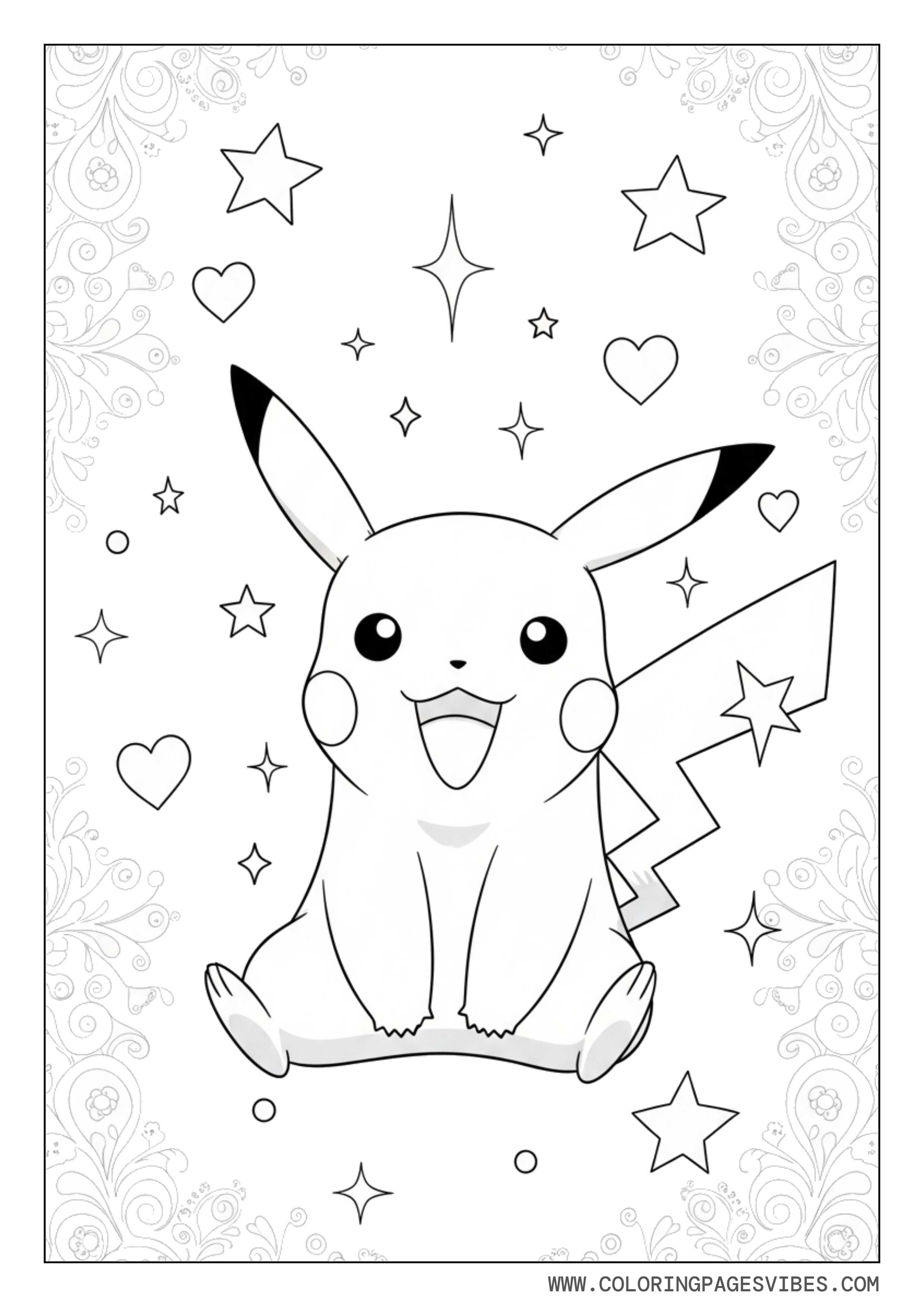 Pikachu Surrounded by Stars and Hearts