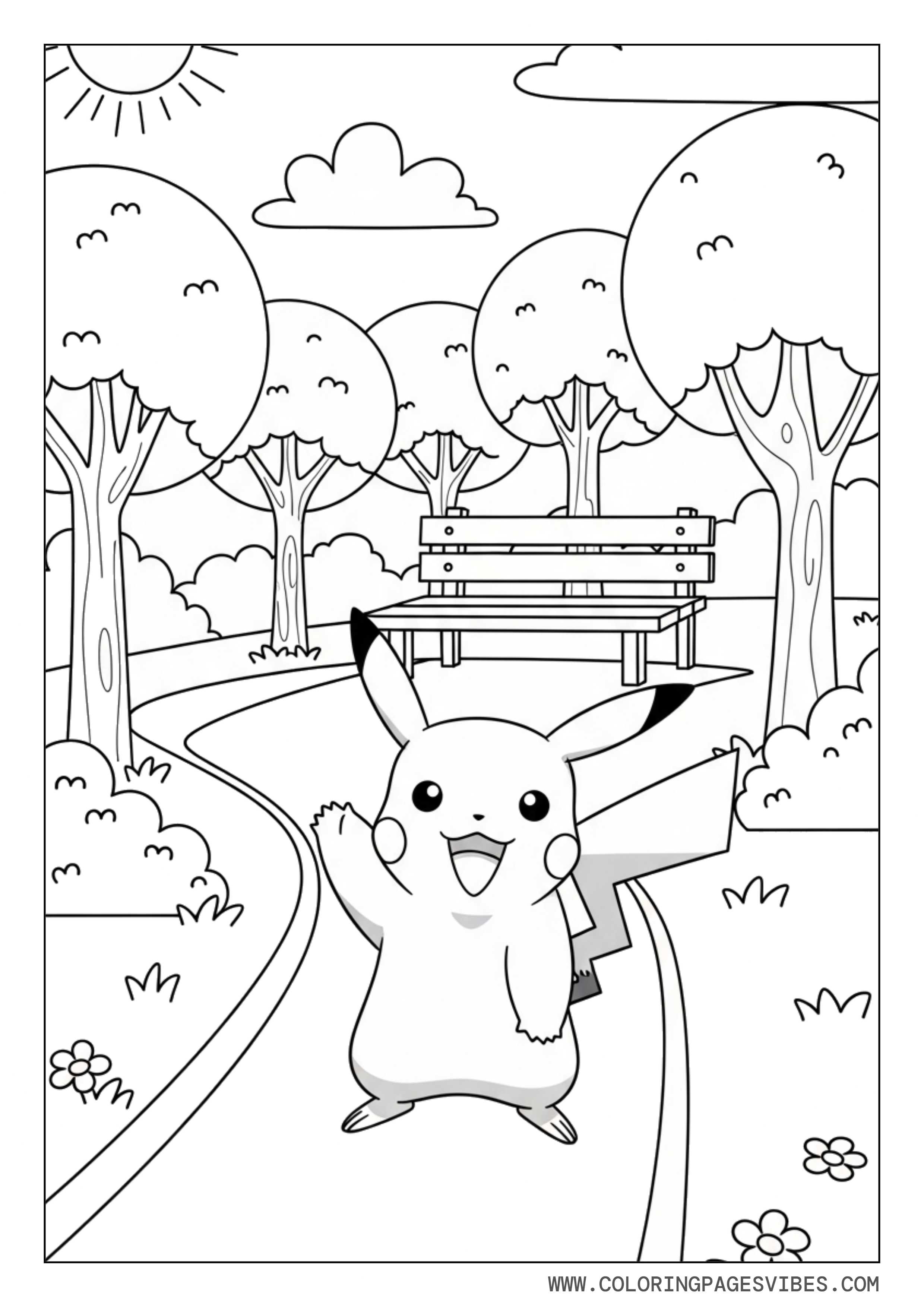 Waving Pikachu on a Park Path