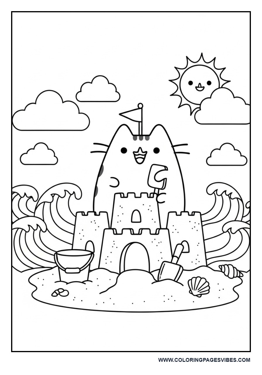 Pusheen Building a Sandcastle