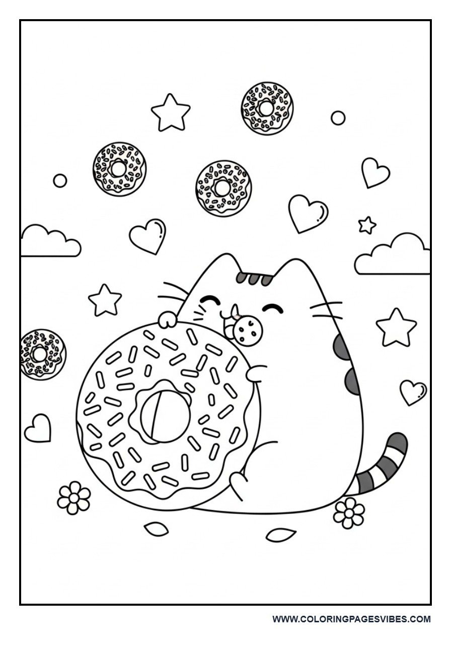 Pusheen Enjoying a Giant Donut