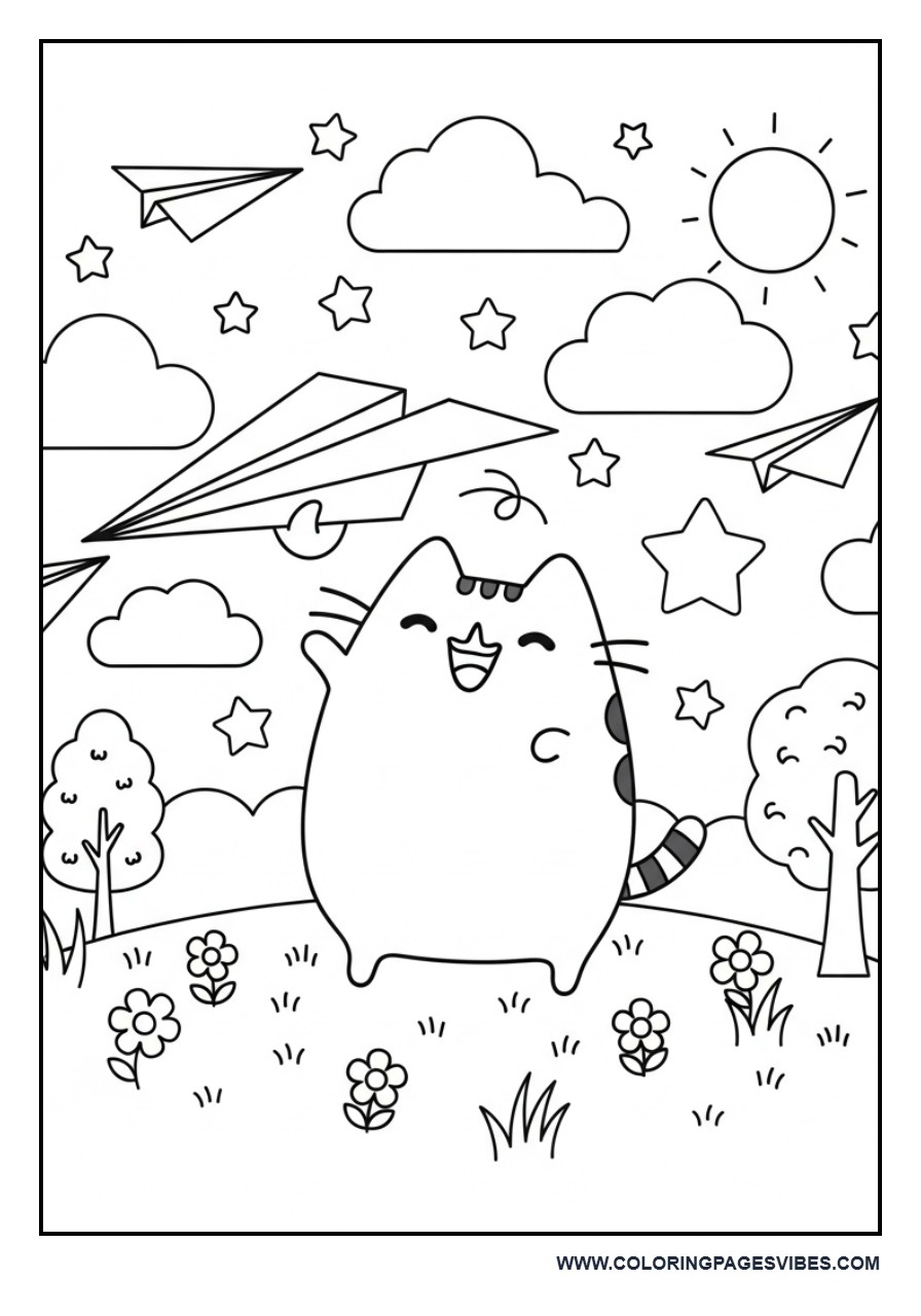 Pusheen Flying a Paper Airplane