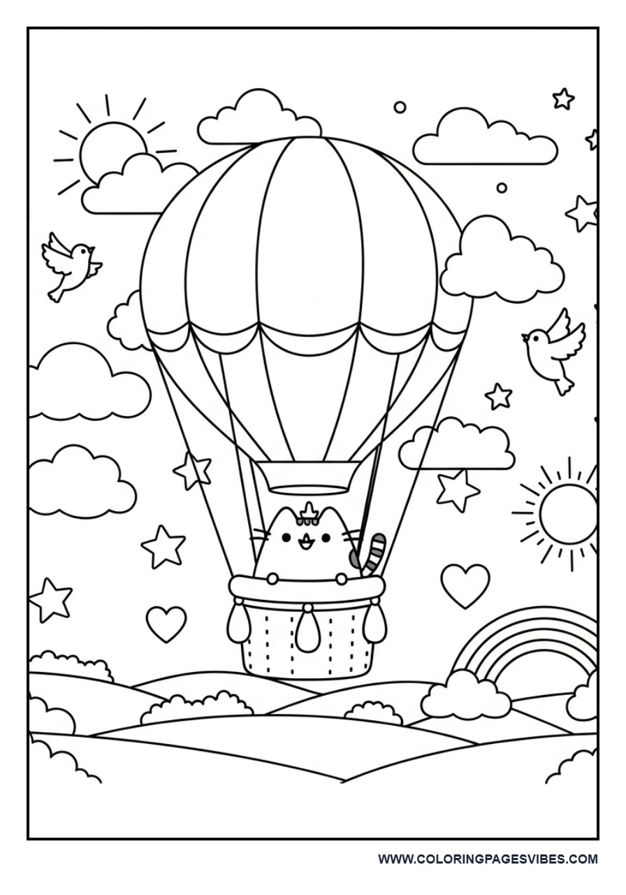 Pusheen Flying in a Hot Air Balloon