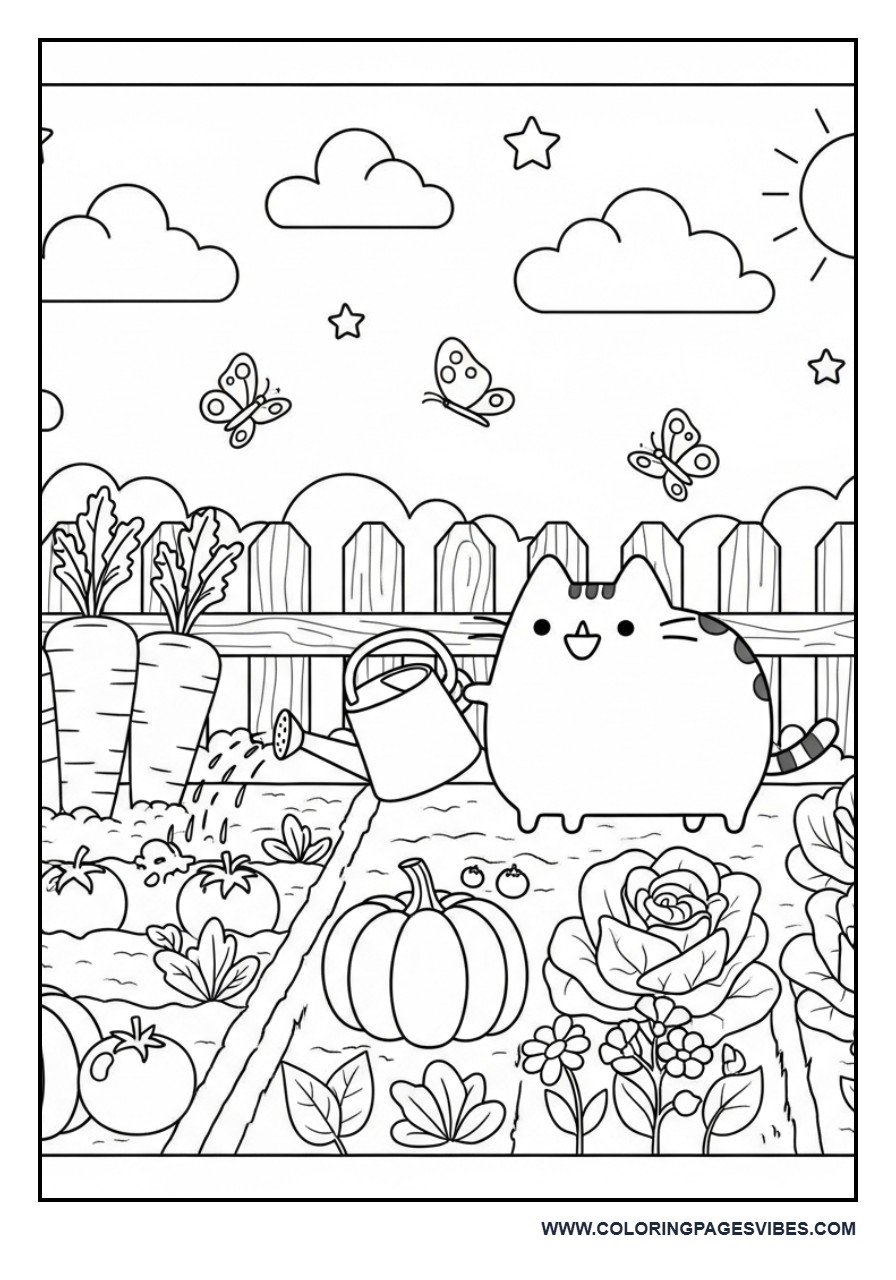 Pusheen Watering a Vegetable Garden